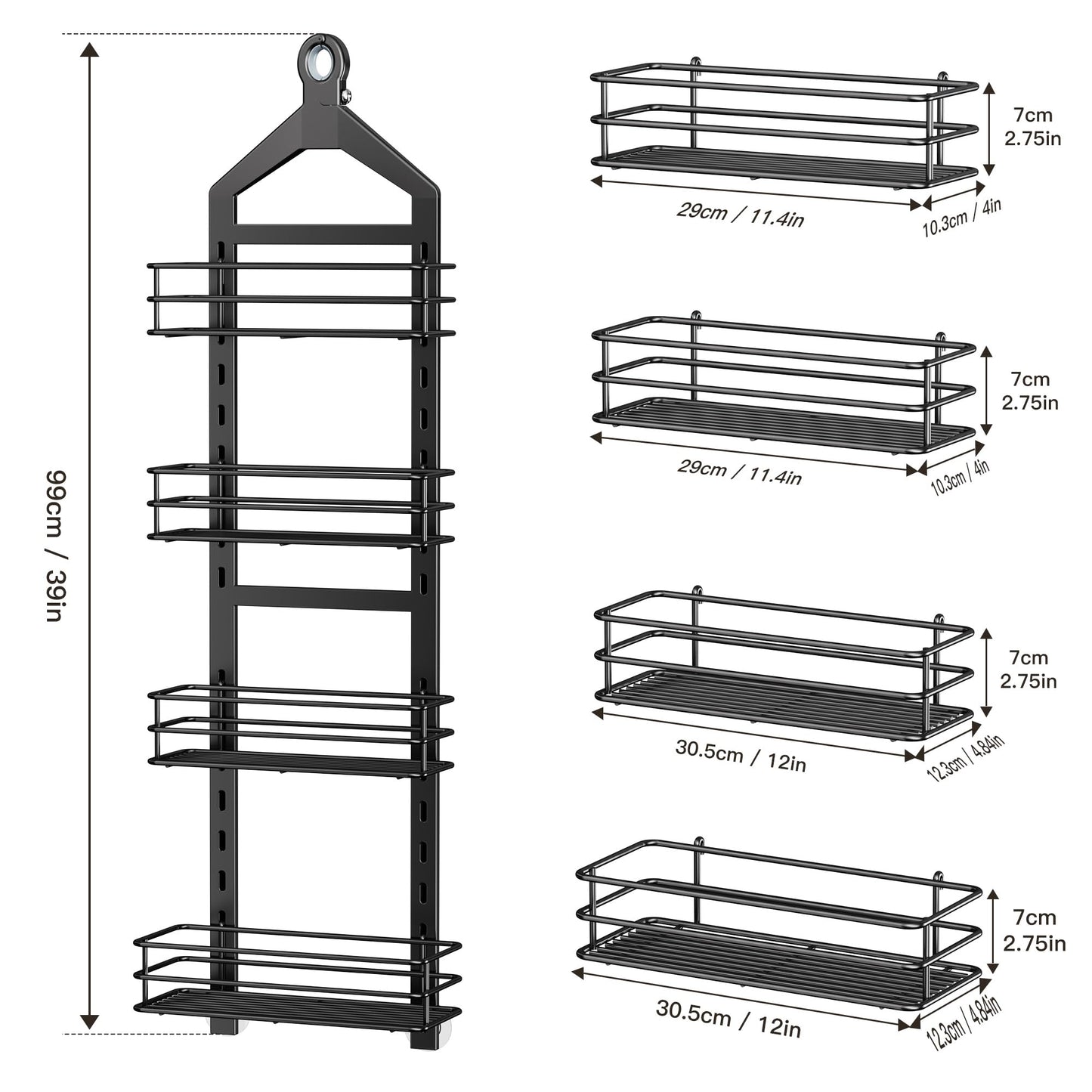 Orimade Adjustable Anti-slip Hanging Shower Caddy over Shower Head,Rustproof Bathroom Hanging shower Organizer with 4 Hooks for Razor,No Drilling Shower shelves Storage Rack,Black 4 Tier