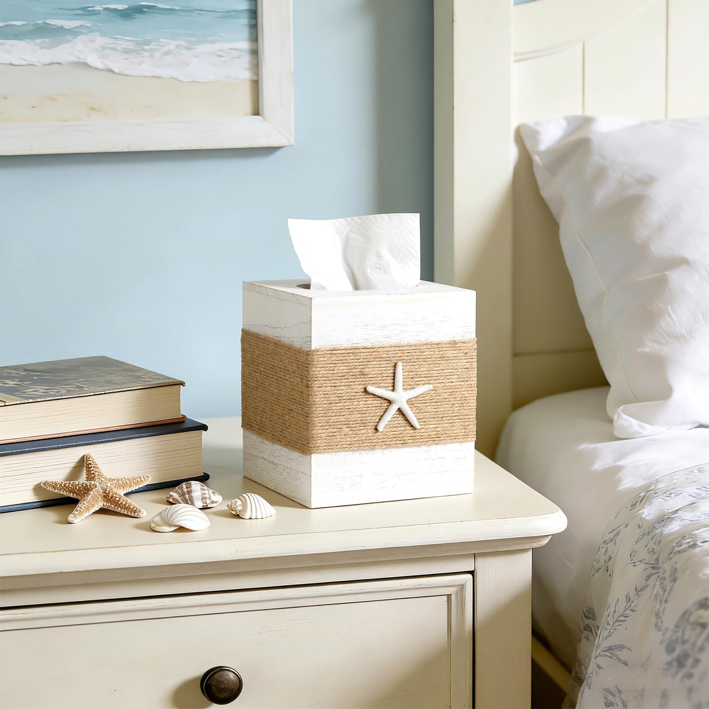 2 Pack Beach Rustic White Wood Square Tissue Box Cover with Slide-Out Bottom Panel - Beach Bathroom Decor Tissue Box Holder with Starfish for Living Room, Desk, Bedroom, Bathroom