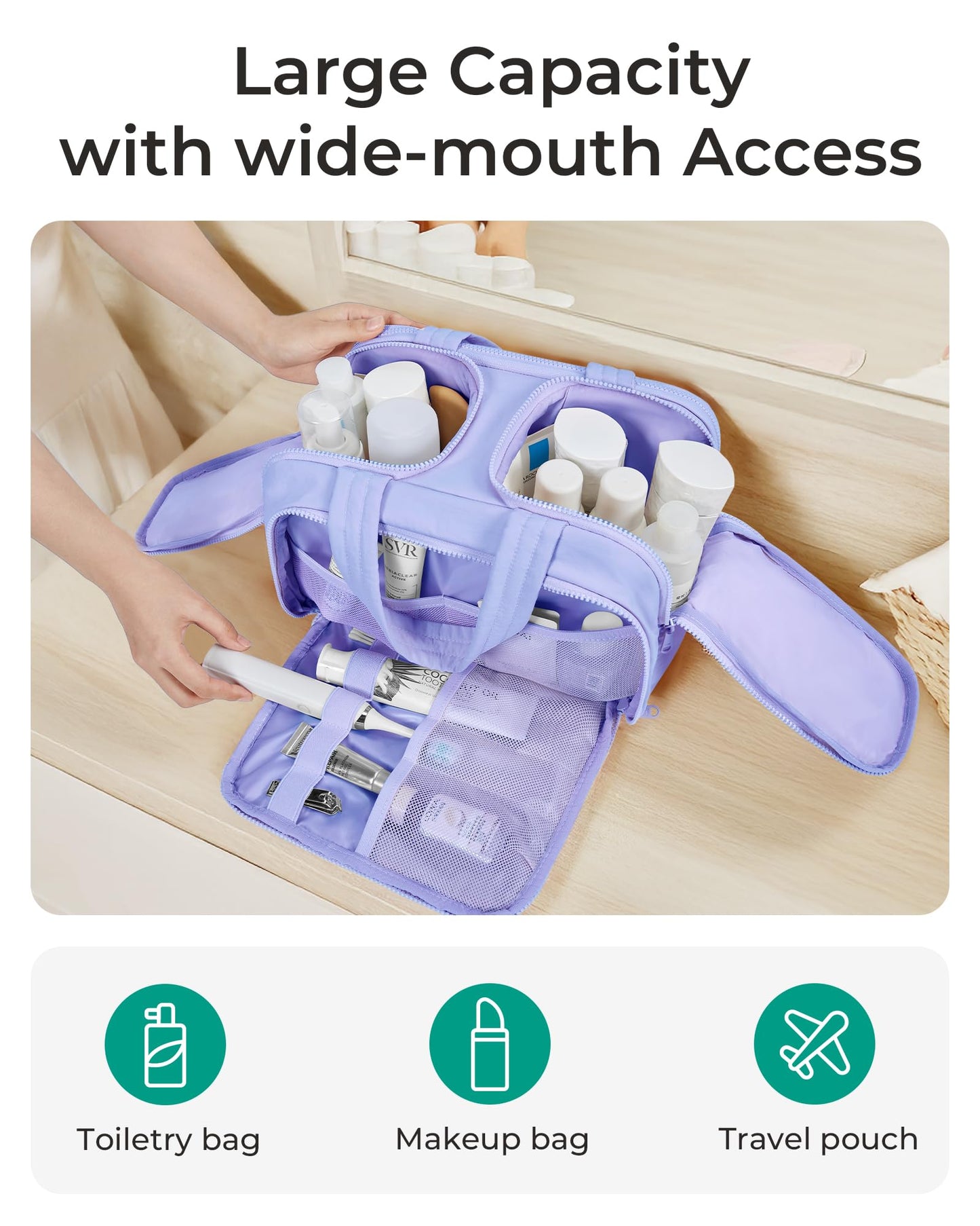 BAGSMART Travel Toiletry Bag, Puffy Toiletry Bag for Women, Wide-open toiletry bags for traveling, Large Travel Cosmetic Makeup Bag Organizer for Accessories,Toiletrie, d-Light Purple, Large, Puffy