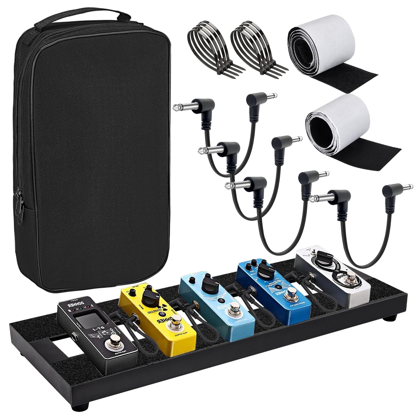 GOGHOST Medium Guitar Pedal Board, 20x8x1.2", Aluminum Alloy Black Effects Pedal Board with 4 Pcs 6 Inch Guitar Pedal Cable, Carrying Bag, Adhesive Hookside Tape