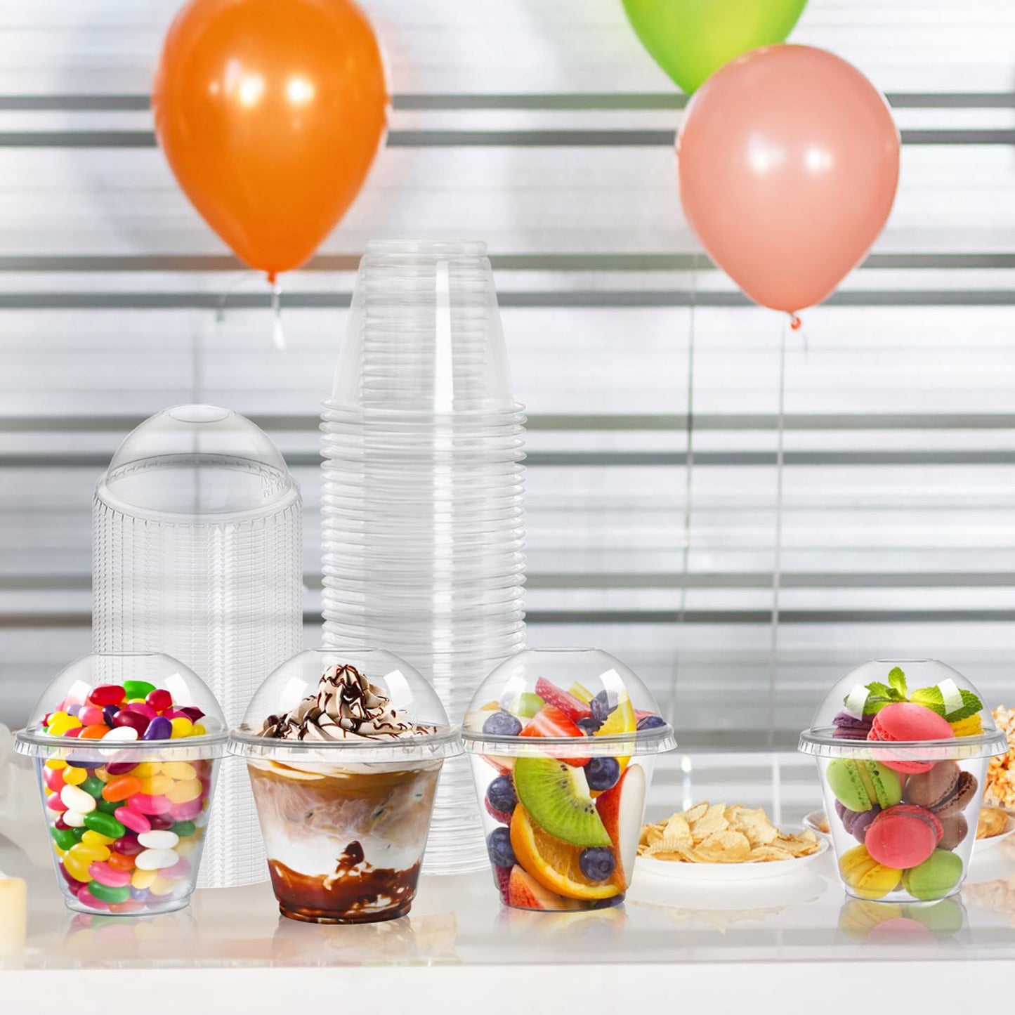 Coloch 100 Pack 9Oz Clear Dessert Plastic Cup with Dome Lid and Spoon, Disposable Crystal Parfait Cup, Fruit Container for Fruit, Puddings, Dessert, Cold Drinks, Ice Cream