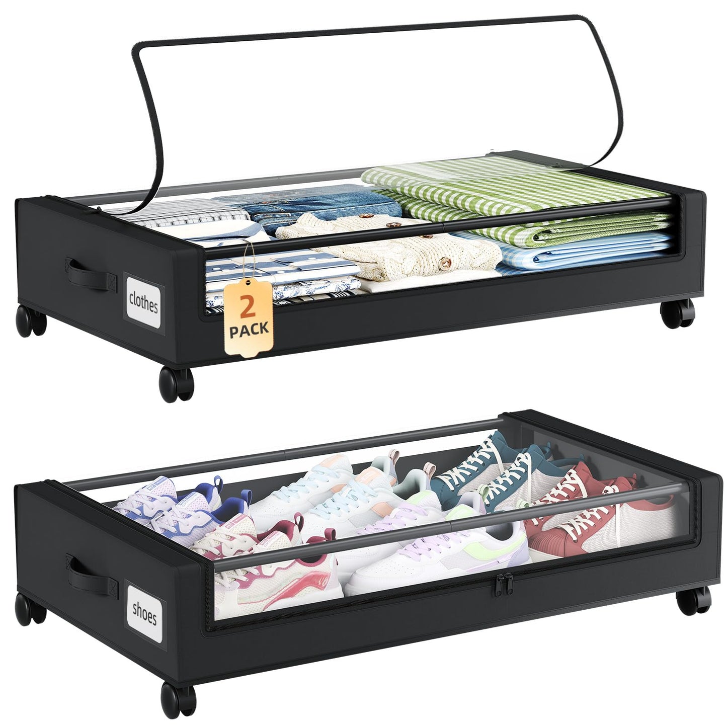 Somdot Under Bed Storage with Wheels,Under Storage Bins with Lids,Clear Top and Handle Rolling,Containers for Clothes Shoes in Bedroom,Closet, Black 2-Pack