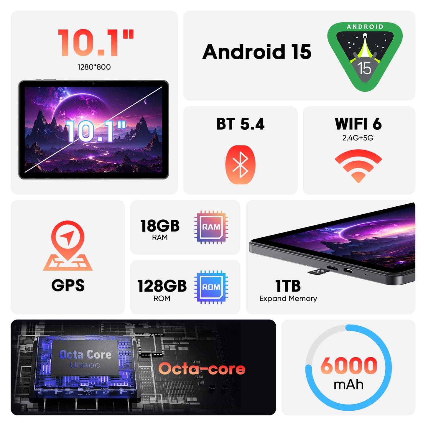 Android 15 Tablet 10 Inch with Keyboard Mouse, Octa-core CPU,RAM 18GB, ROM 128GB (Up to 1 TB), 800x1280 Widevine L1, WiFi 6 & Bluetooth 5.4, Dual Speakers, 5MP+8MP, 6000mAh, GPS