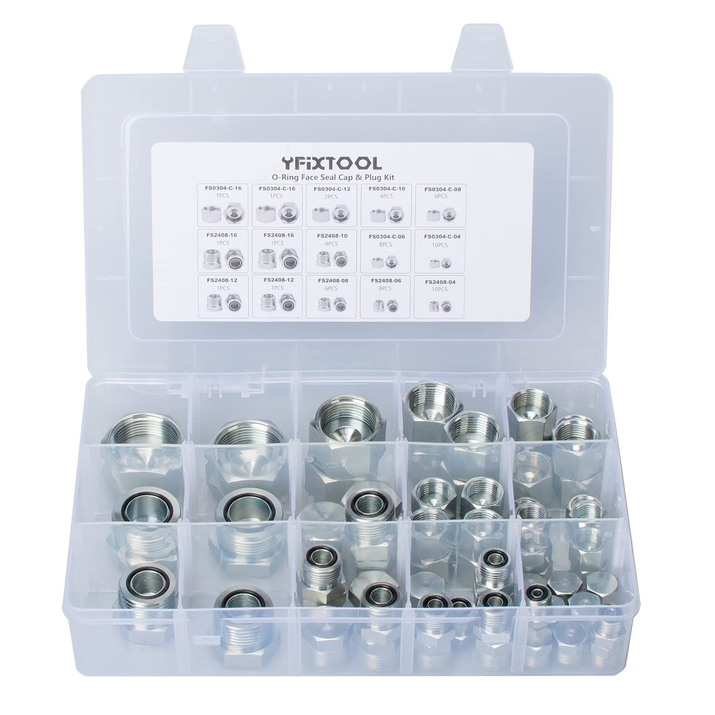 YFIXTOOL O-Ring Face Seal ORFS caps and Plugs kit, 64pcs Flat face ors Hydraulic Plugs and caps Fittings Set with Dash Sizes 04 06 08 10 12 16