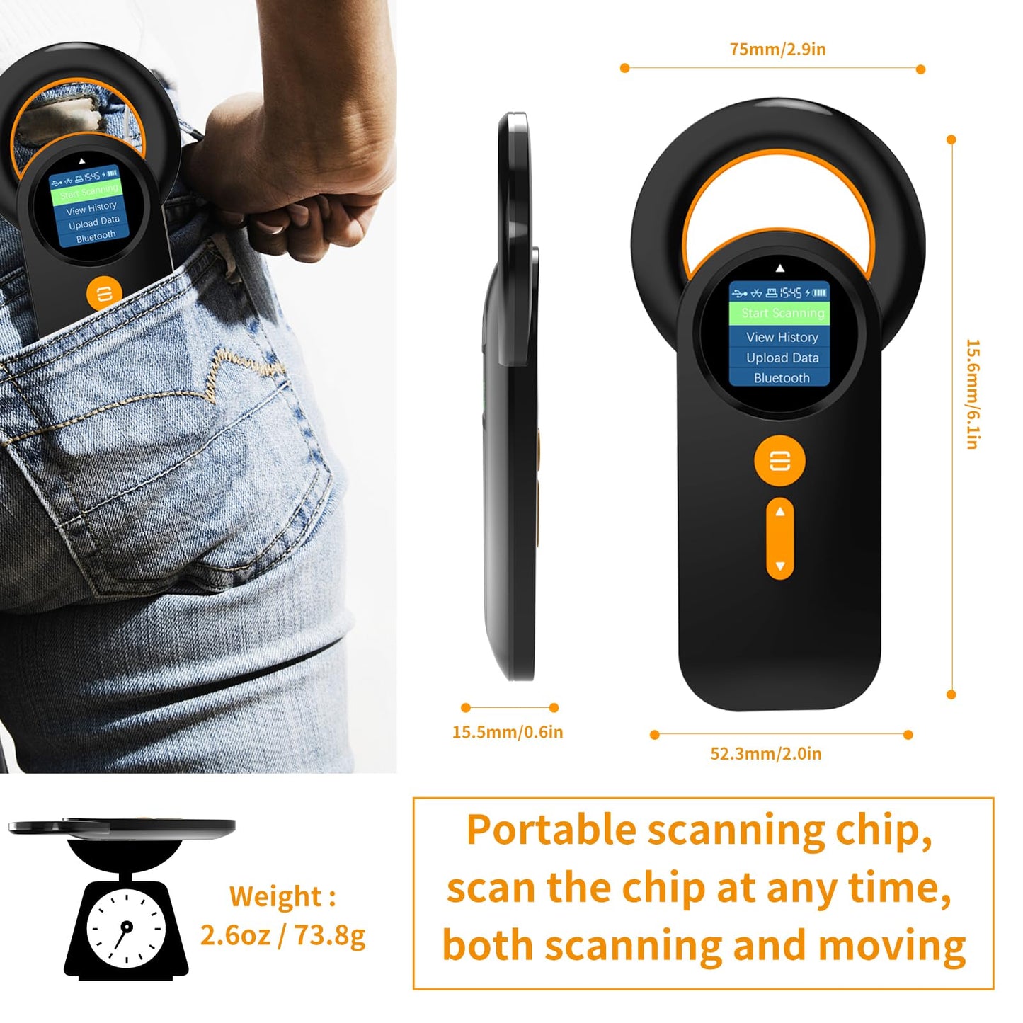 Pet Bluetooth Microchip Reader, alacrity 3-in-1 Label Reader (2.4GHz Wireless + Bluetooth + USB) Universal Animal with 1.4" TFT Display, Rechargeable Battery