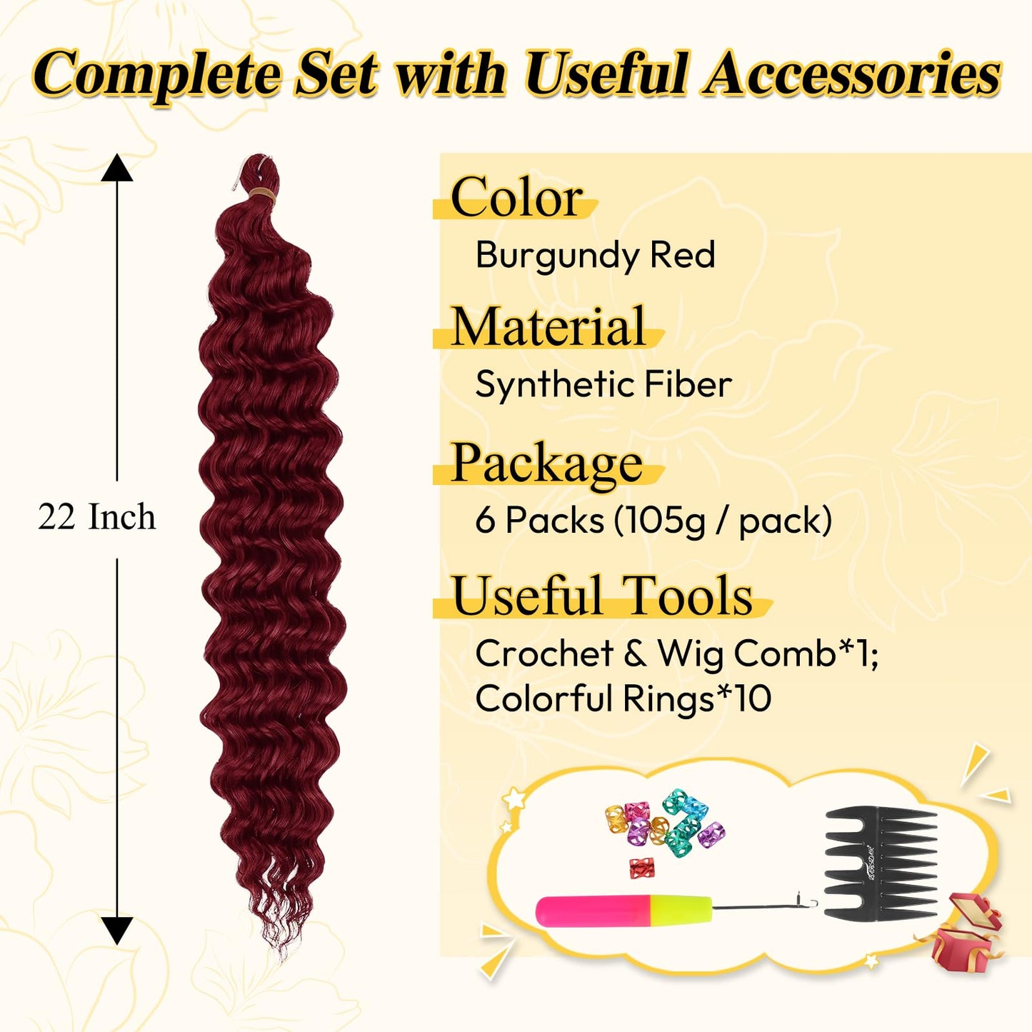 BARSDAR Ocean Wave Crochet Braiding Hair - 22 Inch 6 Packs Deep Wave GoGo Curl Crochet Hair for Women - Soft Synthetic Boho Braids Water Wavy Long Curly Braiding Extensions - Burgundy Red