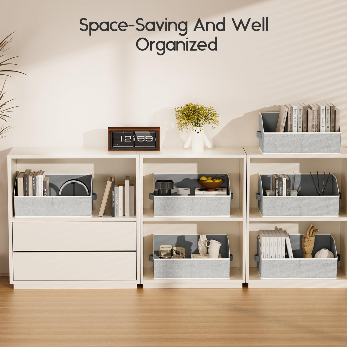 DIMJ Closet Organizers Bins Shelves - 6 Pack Foldable Storage Baskets with Handles, Fabric Trapezoid Storage Bin Organization for Clothes,Towels, Ant Grey