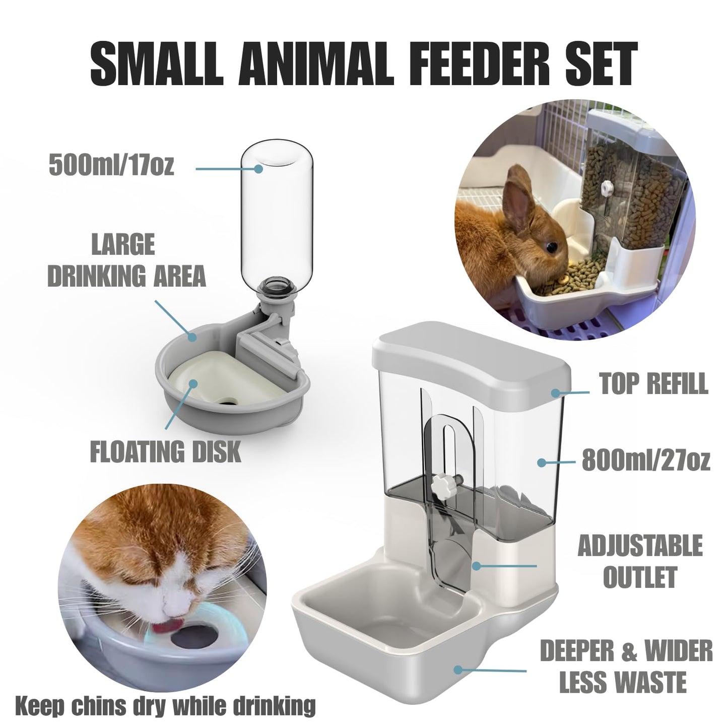 Automatic Pet Food Water Dispenser, Auto Gravity Pet Feeder Water Bottle Set for Cage, Feeding Station for Small Dog Cat Rabbit Guinea Pigs Chinchilla Ferret Hedgehog (Grey)