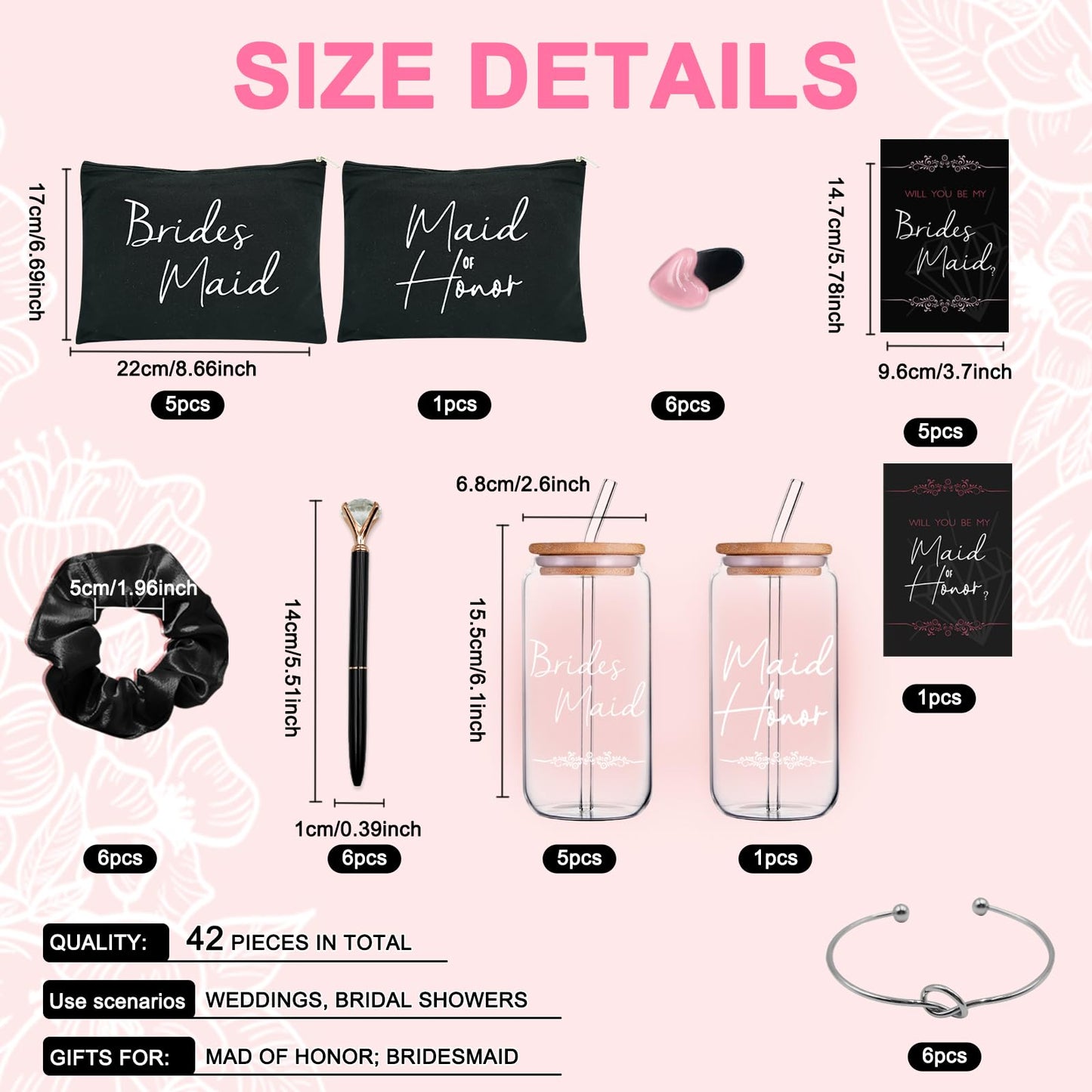 KIKINIKO 42 pcs Bridesmaid gifts bridesmaid proposal gifts, Maid of Honor Gifts contain 16oz Glass Cups Cosmetic Makeup Bags Invited Cards Scrunchies Hair Knotted Bracelets Diamond Pens love clip,