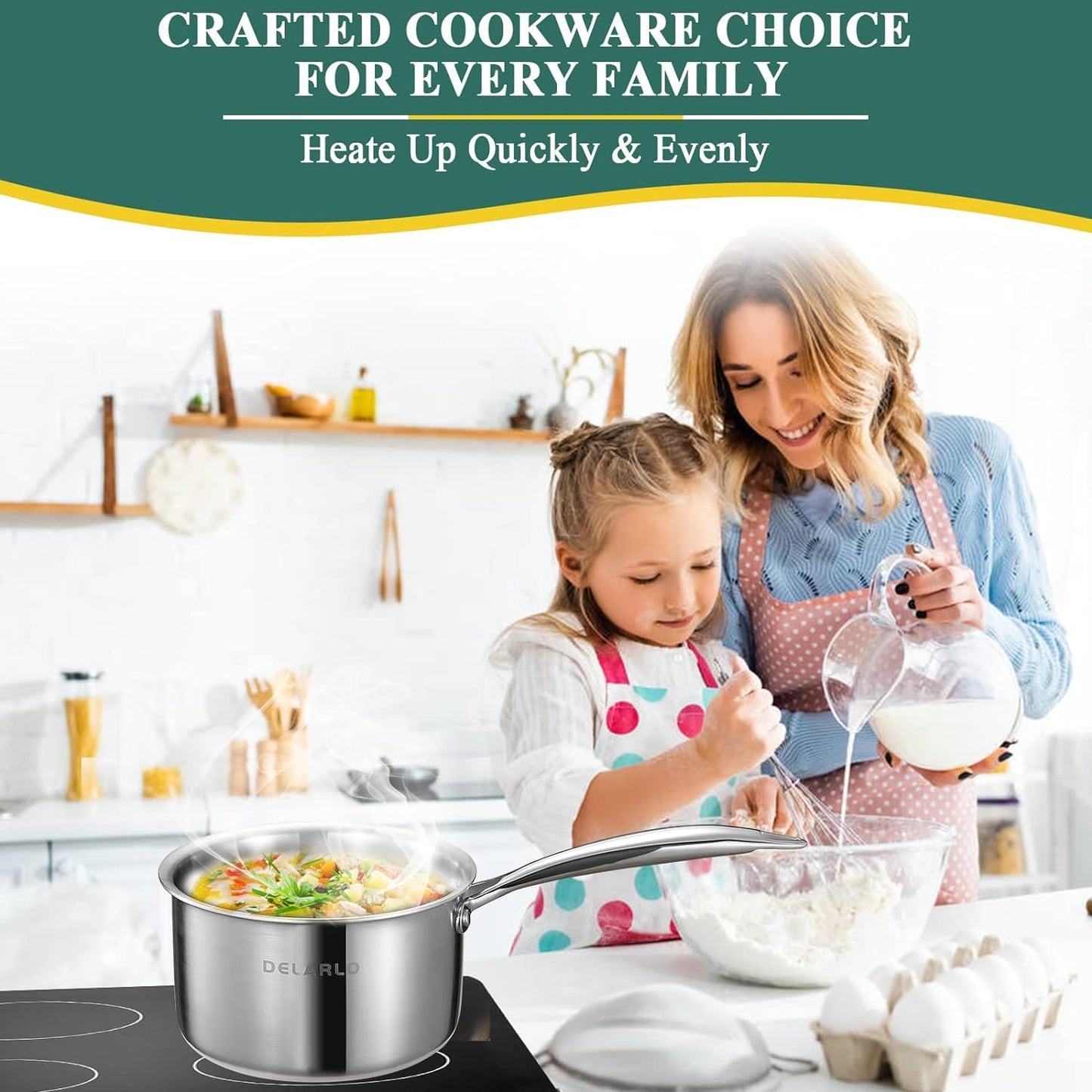 DELARLO Full-Body Clad Tri-Ply Stainless Steel Small Brushed Saucepan with Lid, Induction Cooking Sauce Pot Pan, Heavy Duty Saucier Cookware, PFOA&PTFE Free(2 Quart)