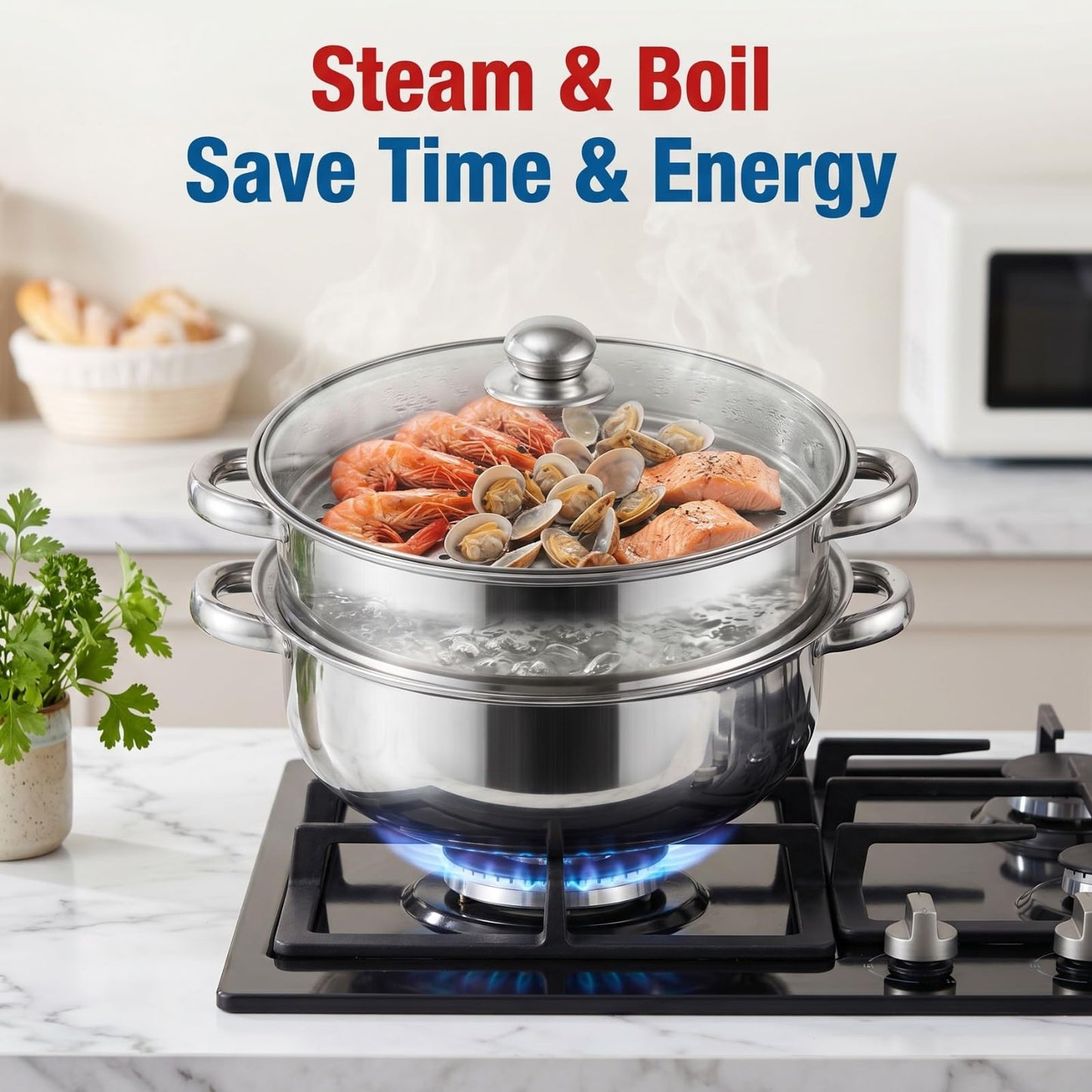 ZENFUN Steamer Pot With Lid 2 Tier, Multipurpose Stainless Steel Steaming Pot, Steam Pots With Handle For Vegetable, Dumpling, Food, 11 Inch(Thickened)