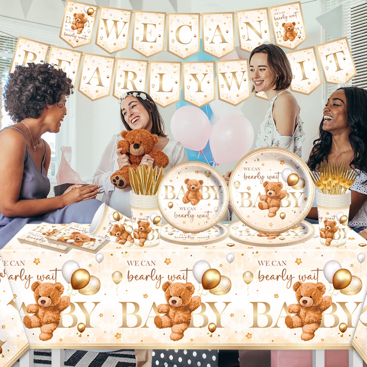 CMUSKO Teddy Bear Baby Shower Decorations - 142Pcs Brown Bear Theme Plates, Napkins, Tableware Set for 20 Guests
