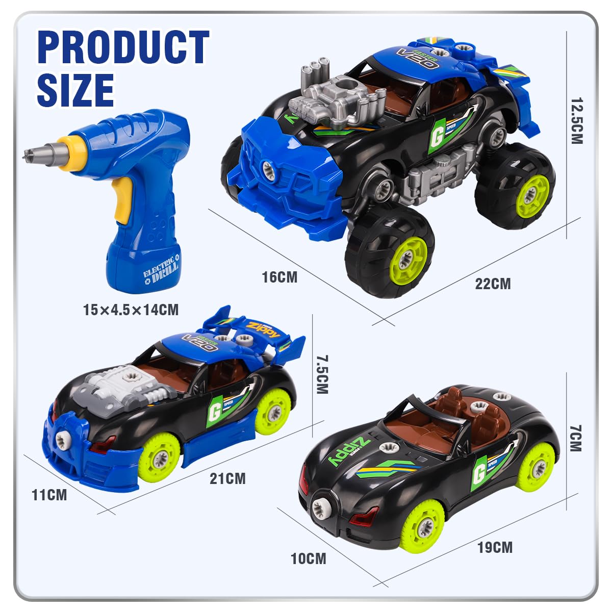 KaeKid 3 in 1 Car Toys for Kids 3-5 6-8, Take Apart Racing Car with Electric Drill Tool Light&Sounds, Construction Set STEM Building Learning Game for 3 4 5 6 Year Old Boys and Girls Gifts