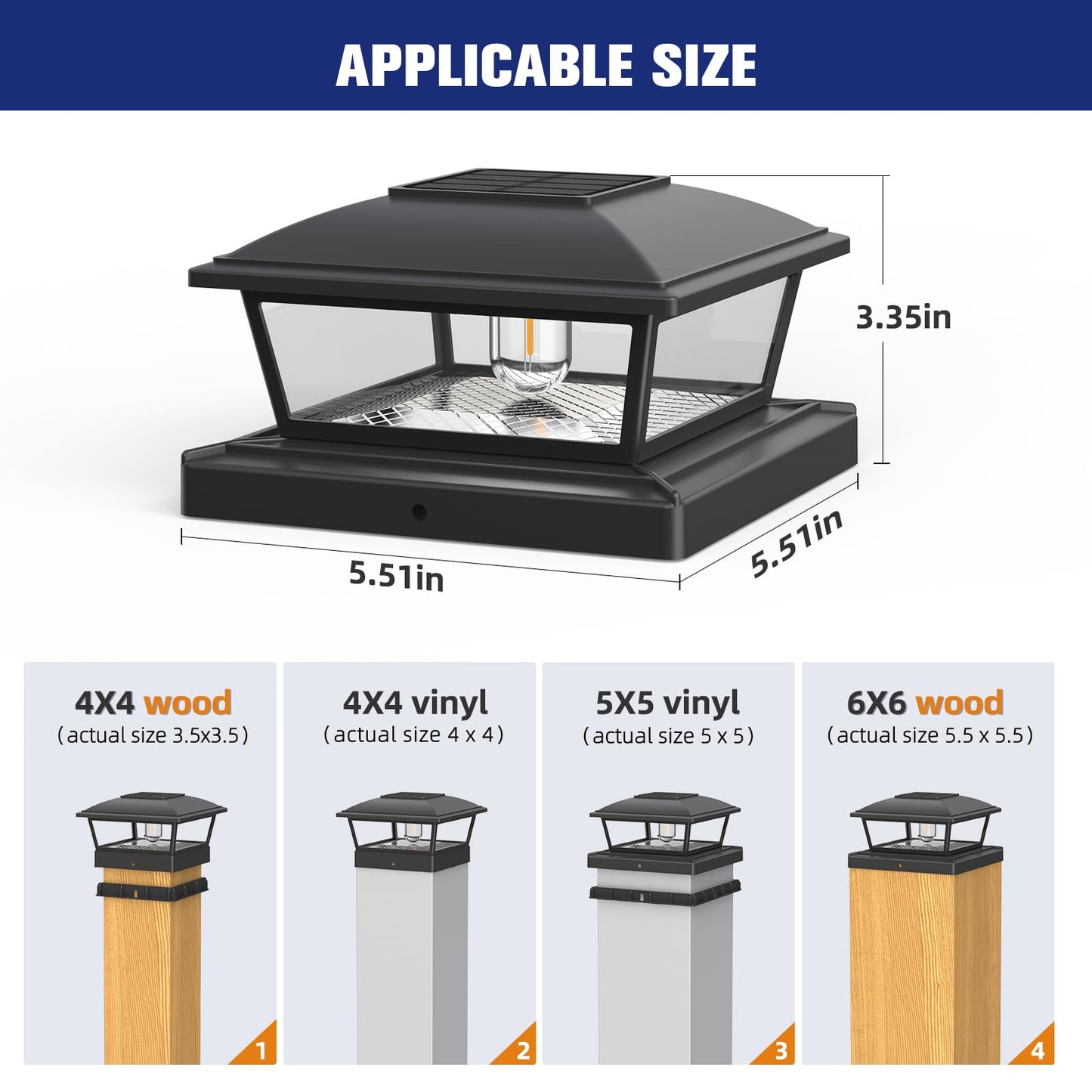 APONUO 4x4 Solar Post Caps Lights, 2 Modes Edison LED Bulb Solar Fence Post Lights for 4x4 5x5 6x6 Vinyl Wooden Posts Waterproof Fence Post Lights Solar Powered for Deck/Fence/Porch (Black, 4 Packs)