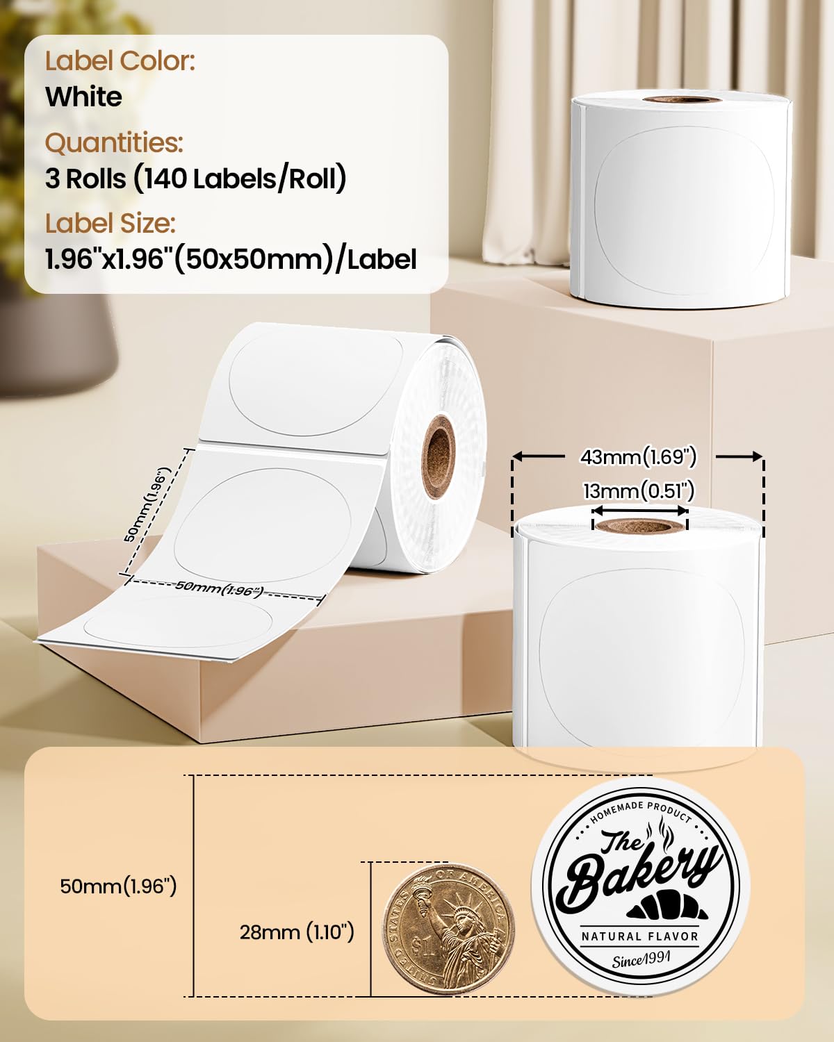 White M110 Thermal Labels Round - 50x50mm(1.96") Circle Label Refills Compatible with Phomemo M220 Labels for M110, M220, M221, M200, M150, M250, M260 Label Maker for Logo, Design, Thanks, 420PCS