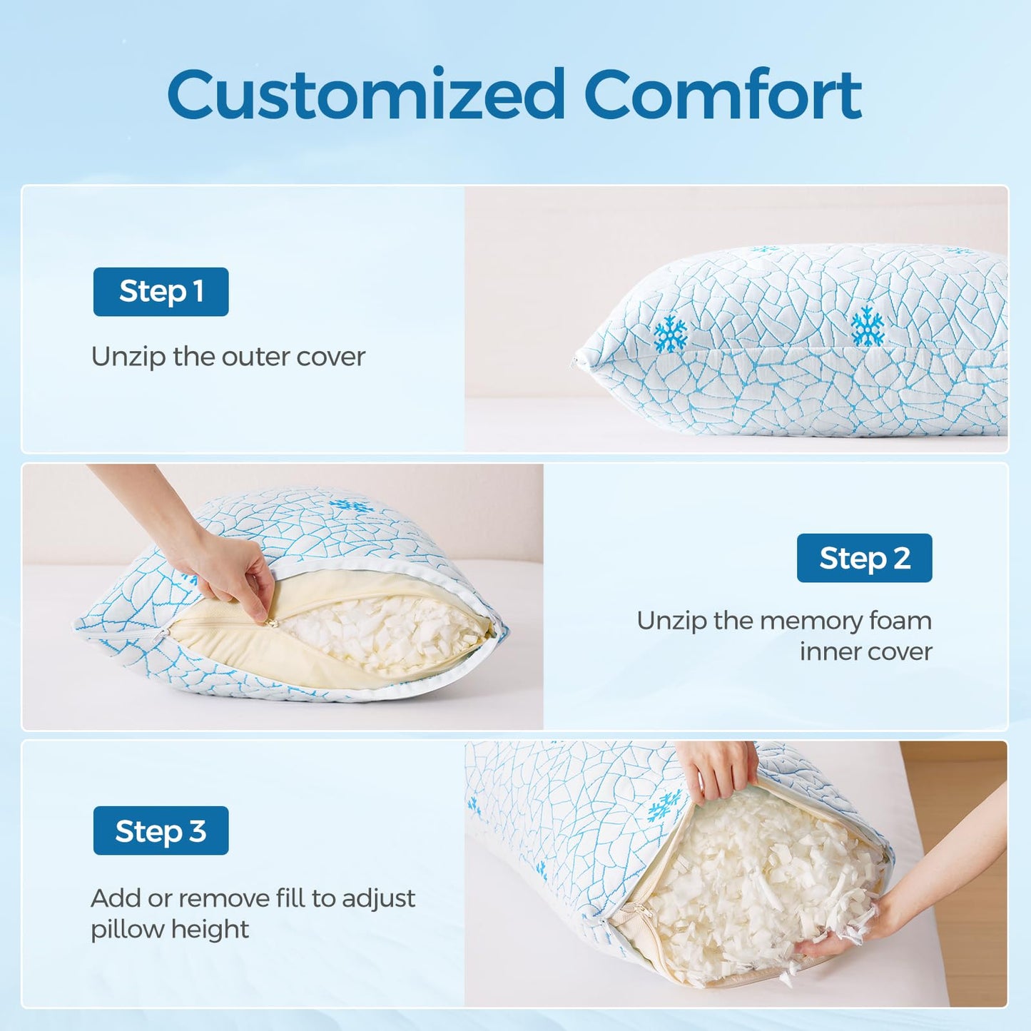 COSYTREE King Shredded Memory Foam Pillow Set of 2 Pack, Adjustable Height Cooling Pillows with Washable Cover for Side Back and Stomach Sleepers (King(2 Pack)