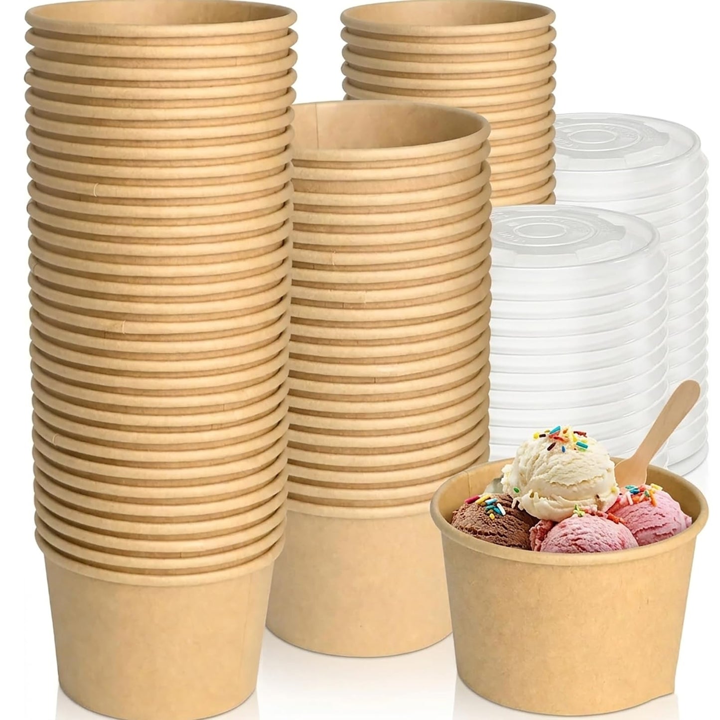 100 Pcs Ice Cream Containers with Clear Lids, 8oz Leak-Proof Kraft Paper Hot Soup Bowls, Microwave & Freezer Safe Disposable to-Go Food Containers for Catering, Parties, & Meal Prep
