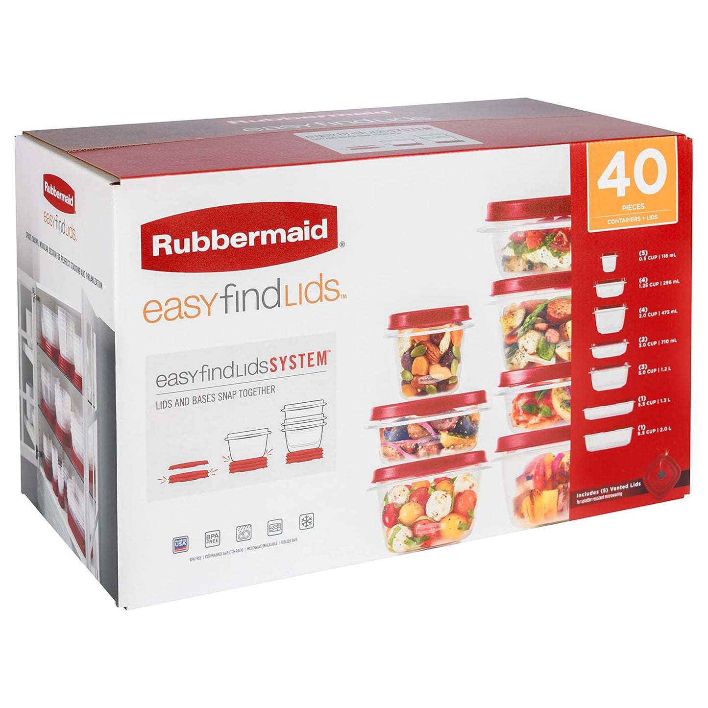Rubbermaid Vented Lids BPA Free Plastic Food Storage Containers, Set of 21 (42 Pieces Total), Racer Red | Reusable & Stackable