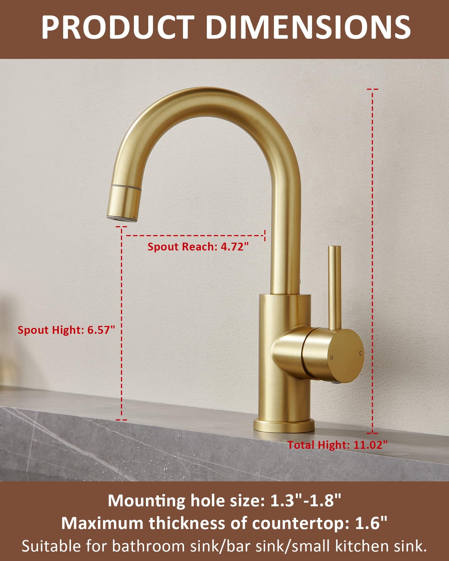 Tohlar Gold Bathroom Faucet, Brushed Gold Bathroom Sink Faucet with Sprayer, RV Vanity Small Kitchen Faucet with 360° Rotation Spout, Single Hole Bar Sink Faucet with Pop Up Drain, 24” Supply Hoses