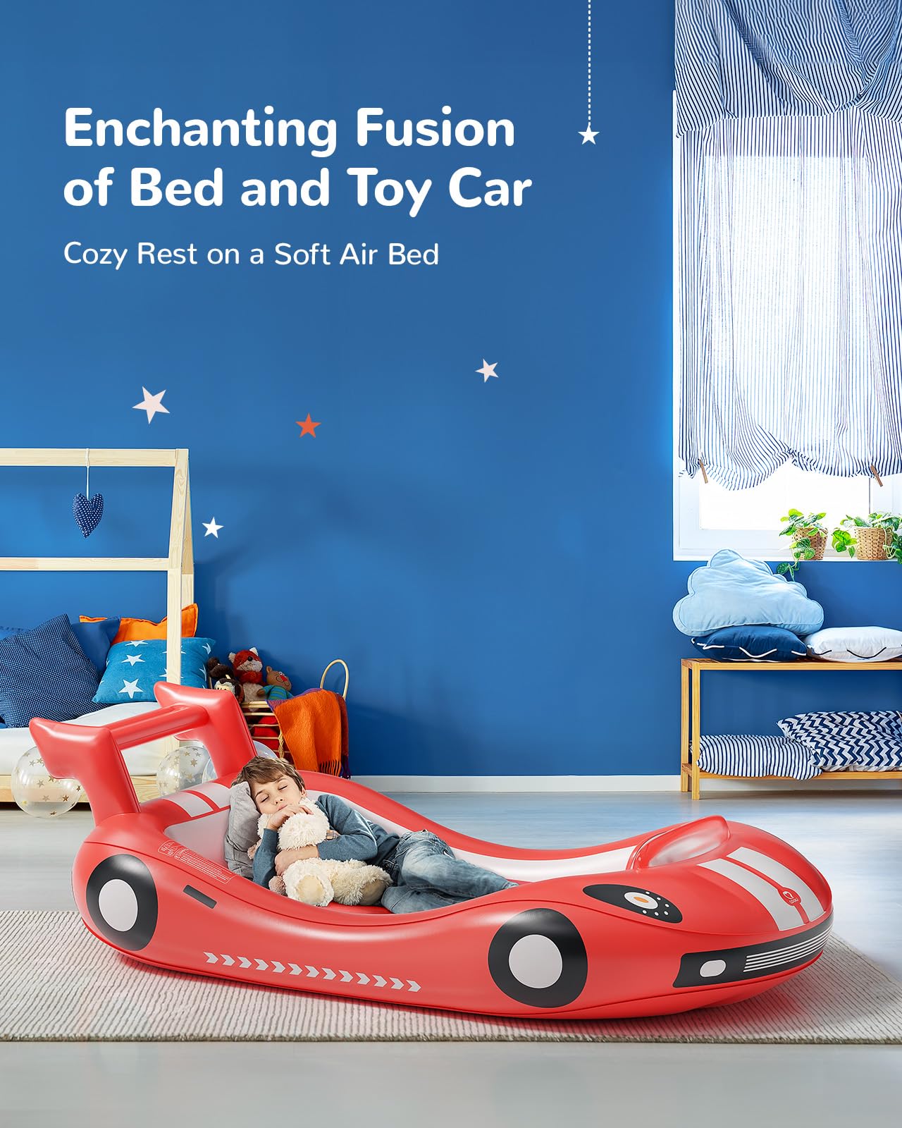 QPAU Inflatable Toddler Travel Bed, Kids Air Mattress with Safety Bed Rail, Portable Blow Up Mattress with Hand Pump for Camping, Traveling, Vacation, Hotel, or Home Use (Red)