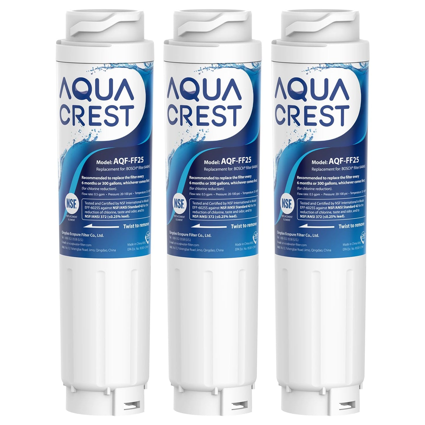 AQUA CREST AQF-FF25 Refrigerator Water Filter Replacement for UltraClarity REPLFLTR10, Bosch Ultra Clarity 644845, 9000 077104, 3 Filters