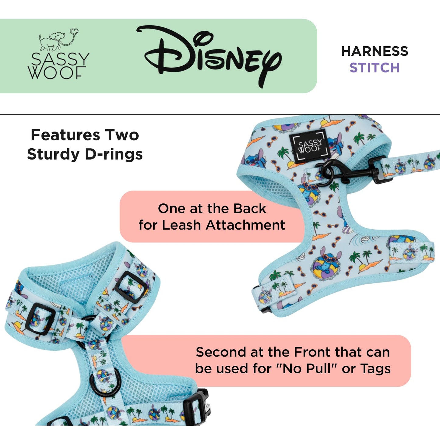 Sassy Woof Dog Adjustable Harness - Disney Stitch - L, Breathable Mesh, No Pull Design with Two D-Rings, Patented Design, Ideal for Large Dogs - Officially Licensed