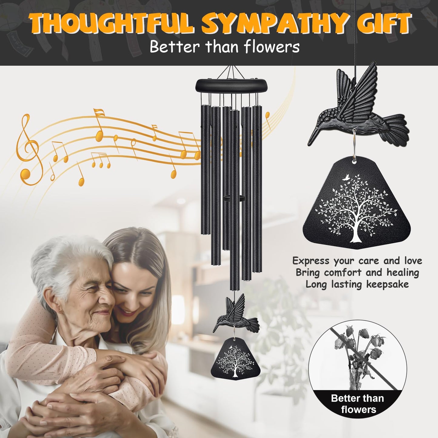 Sympathy Wind Chimes for Outside Deep Tone, Memorial Wind Chimes for Loss of Loved One Prime, Bereavement Condolence Remembrance Funeral Gifts for Grieving Friends Loss of Mother Father