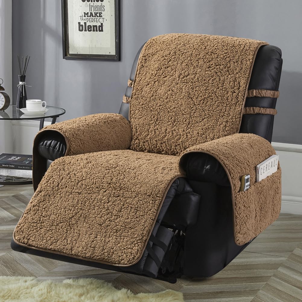 STONECREST Recliner Chair Cover, Sherpa Slipcover, Stay in Place (Cholate, 23" Regular Recliner)