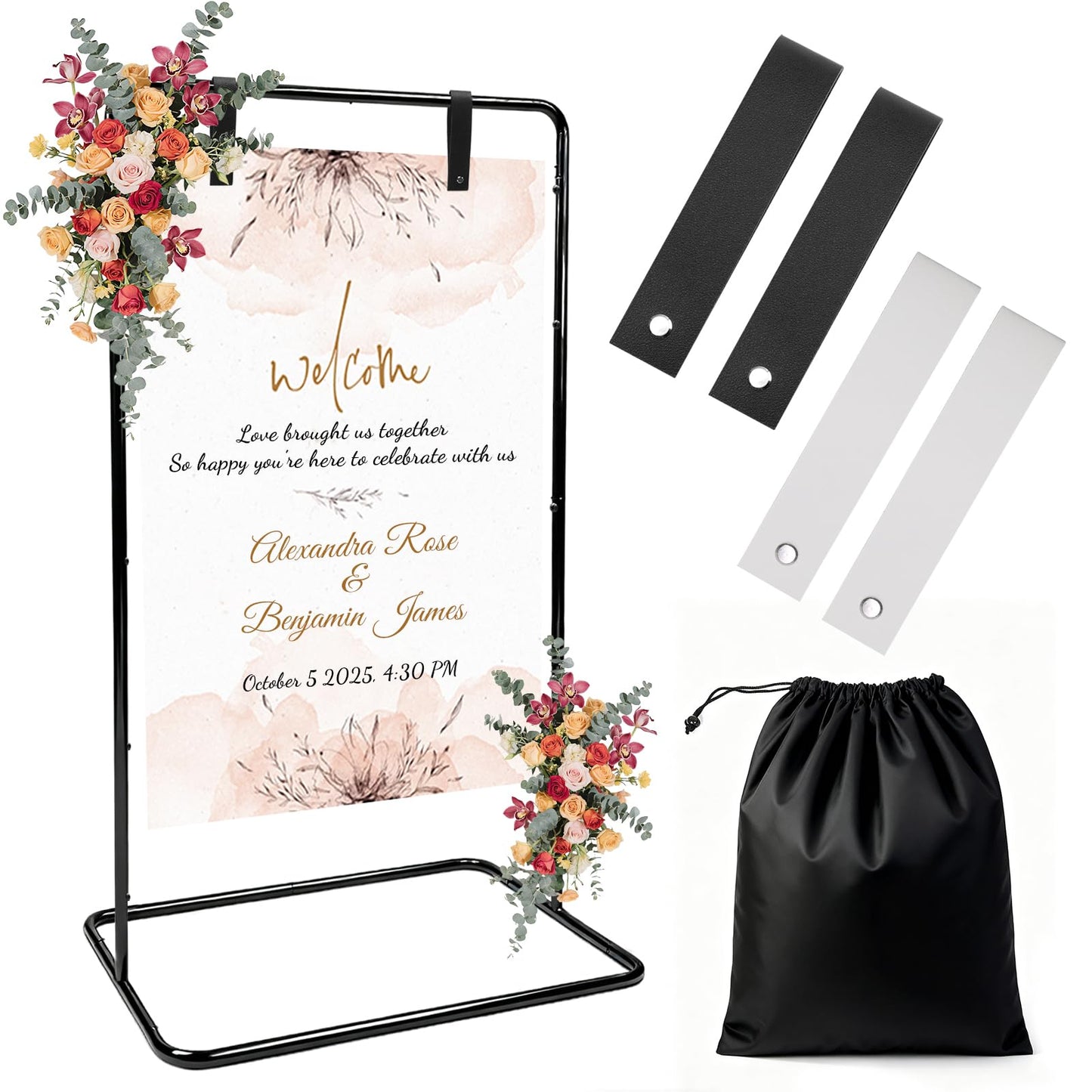 JWGUTS Wedding Sign Stand Holder, Adjustable Wedding Welcome Sign Holder with 2 Pair Hanging Strap and one Storage Bag, Heavy Duty Metal Stand for Sign Poster, Floor Standing Easel Stand