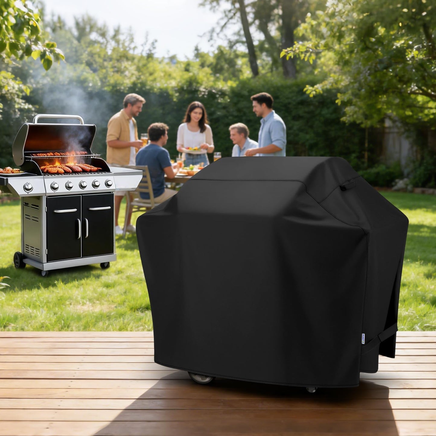 SunPatio BBQ Cover 60 Inch, Heavy-Duty Waterproof Gas Grill Cover, UV and Fade Resistant Barbecue Cover, All Weather Protection for Napoleon Weber Charbroil Nexgrill Kenmore Grills and More, Black