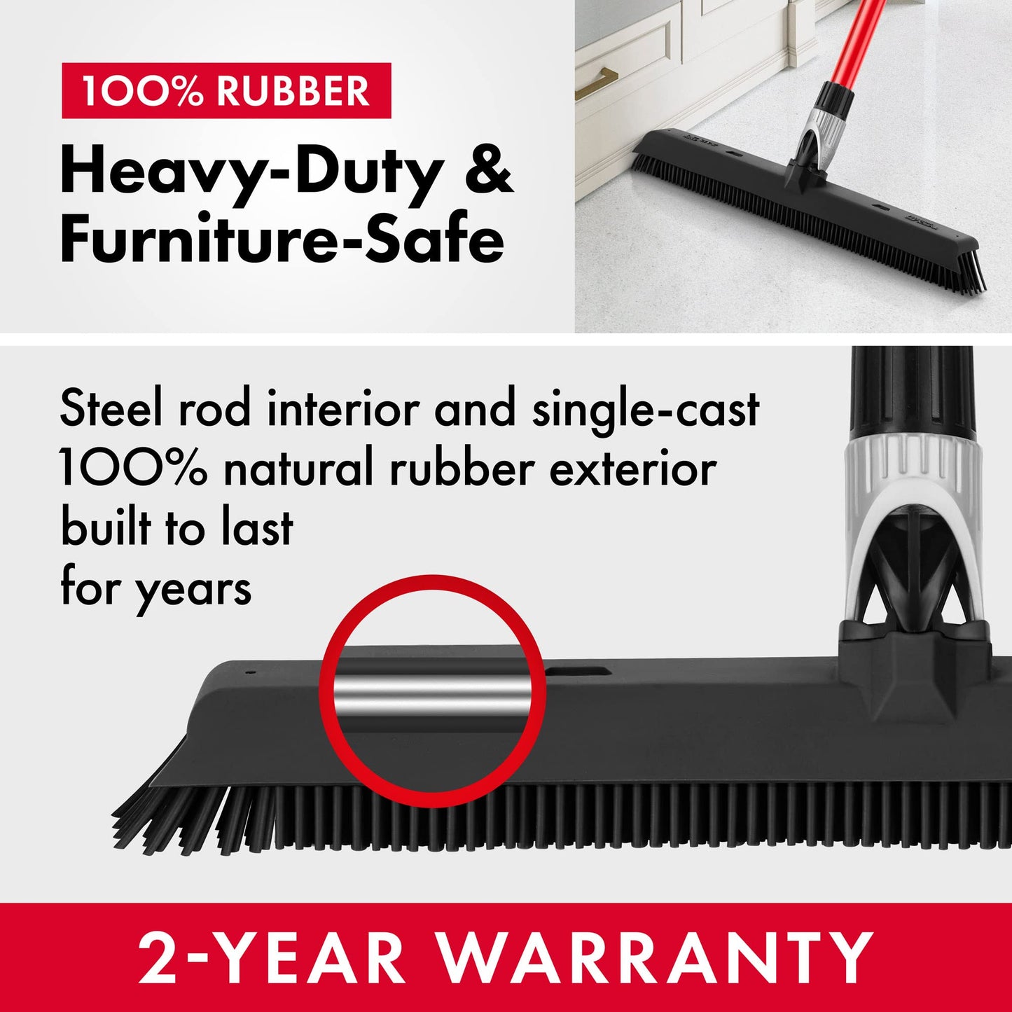 Tyroler 2-in-1 Silicone Broom & Floor Squeegee | Anti-Rust 4-Piece Handle | Perfect Pet Hair Removal for Patio, Floors, Rugs, Carpet Rake, Decks, Indoor/Outdoor (Black - Rubber)