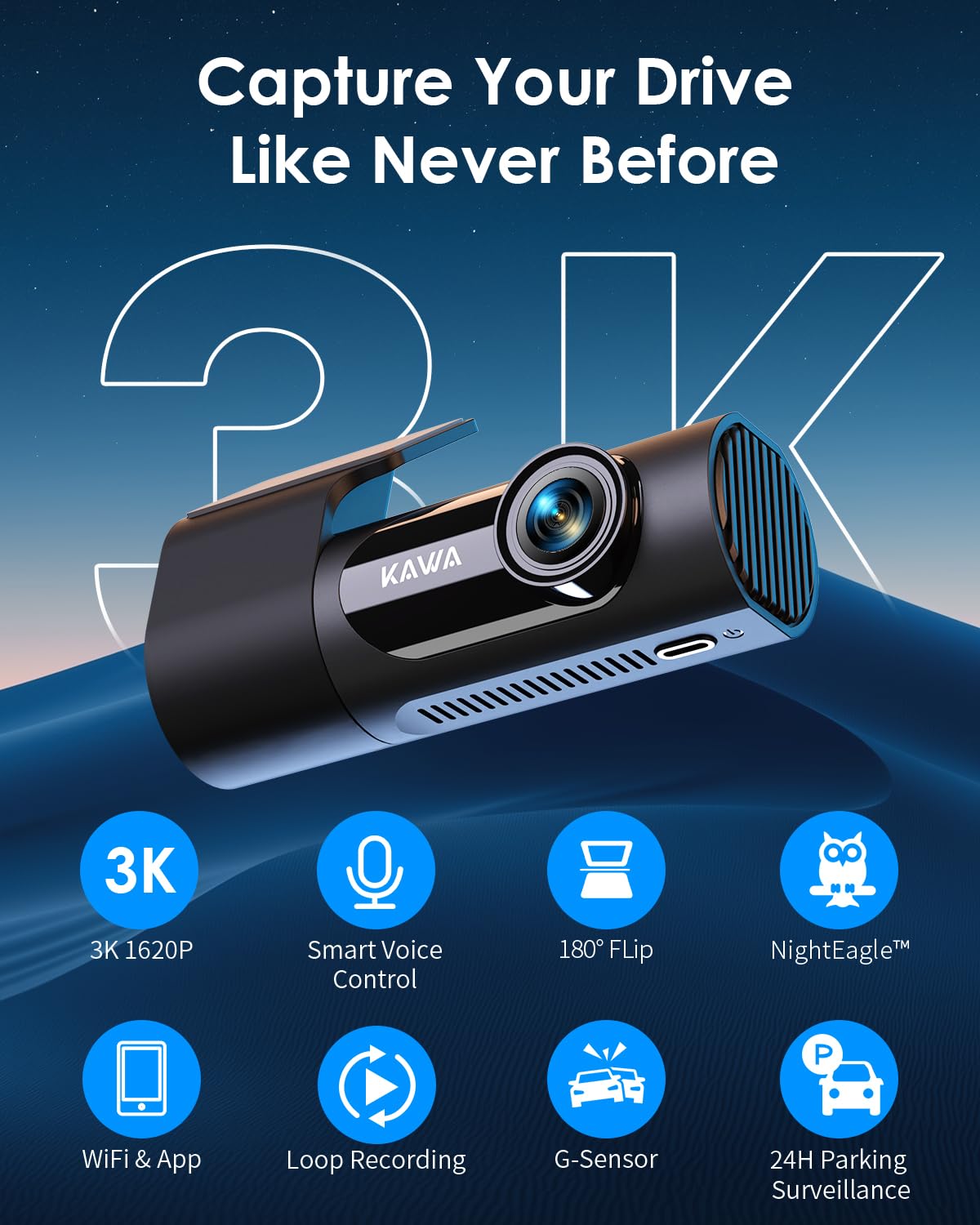 KAWA Dash Cam 3K, Mini Front Dash Camera for Cars, Smart Voice Control, 1620P QHD, Built in WiFi, 24H Parking Mode, Loop Recording, G-Sensor, Night Vision, iOS/Android Mobile App, Support 256GB Max