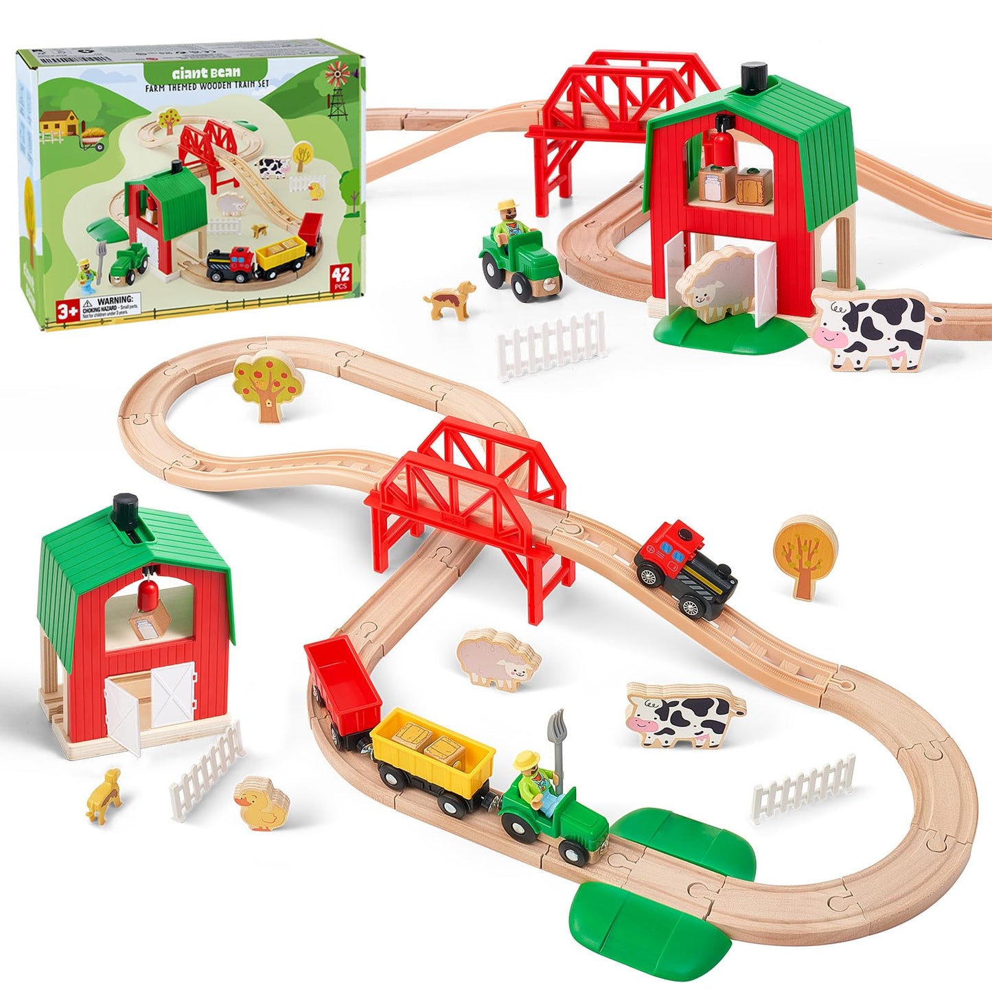 Wooden Farm Train Set for Toddlers, Battery Operated Train Railway Track Set with Bridge, Barn, Animals, Tractor Cargo Trains, Compatible with Most Brand, Toy Gift for Kids Boys Girls Age 3-8