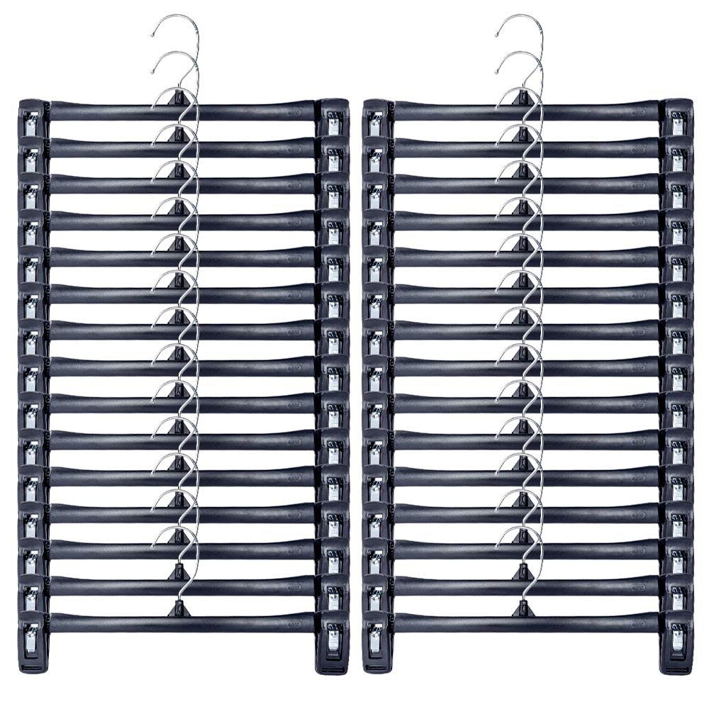 Pants Hangers, Durable and Sturdy Plastic Hanger,30 Pack 12inch Black Plastic Skirt Hanger with Non-Slip Big Clips and 360 Rotatable Hook