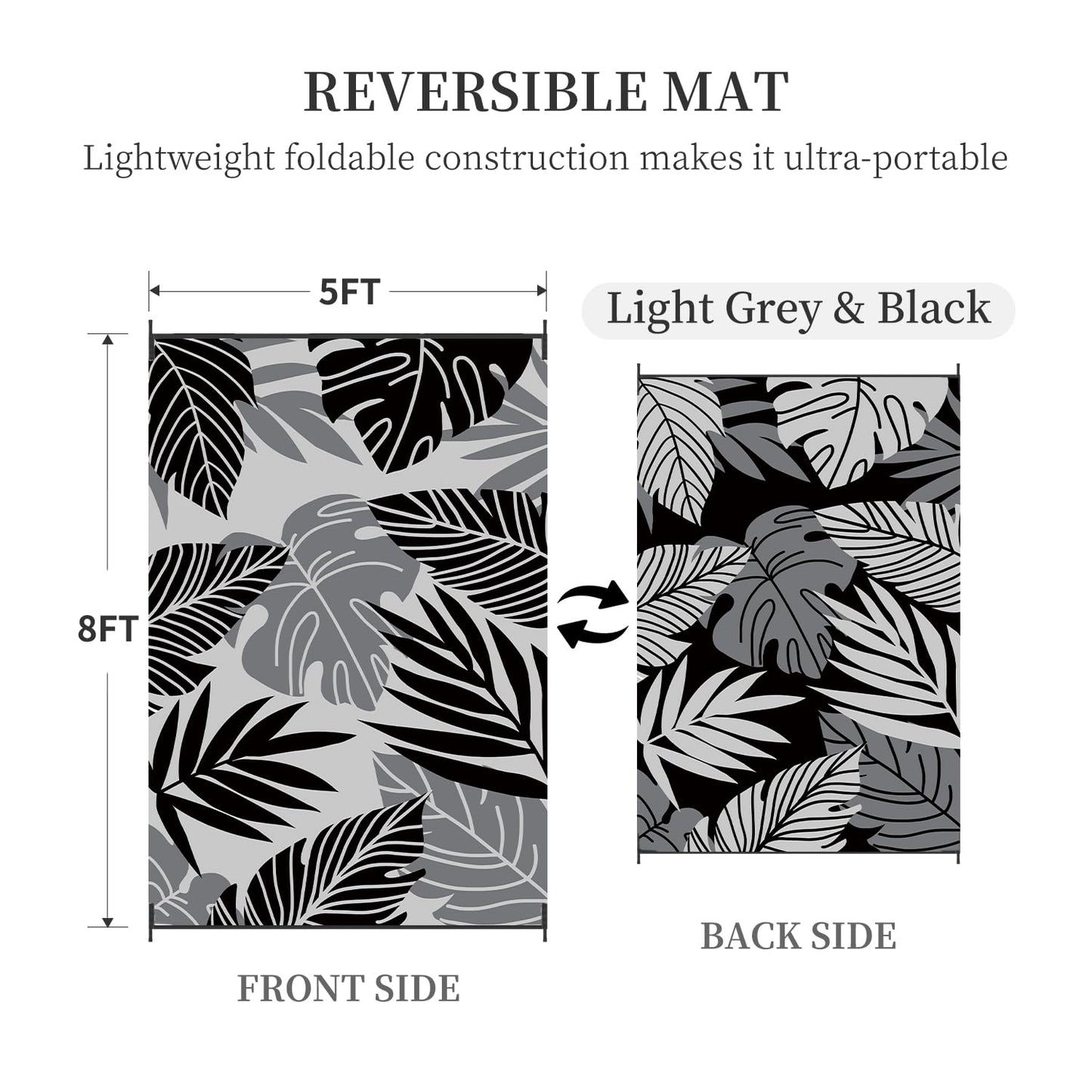 Outdoor Rug-Patio Rug 5x8 ft Waterproof Outdoor Carpet Reversible Portable Outdoor Patio Rugs Camping Mat for Patio Camping Rv Picnic Backyard Deck Balcony Beach Rug,Grey & Black