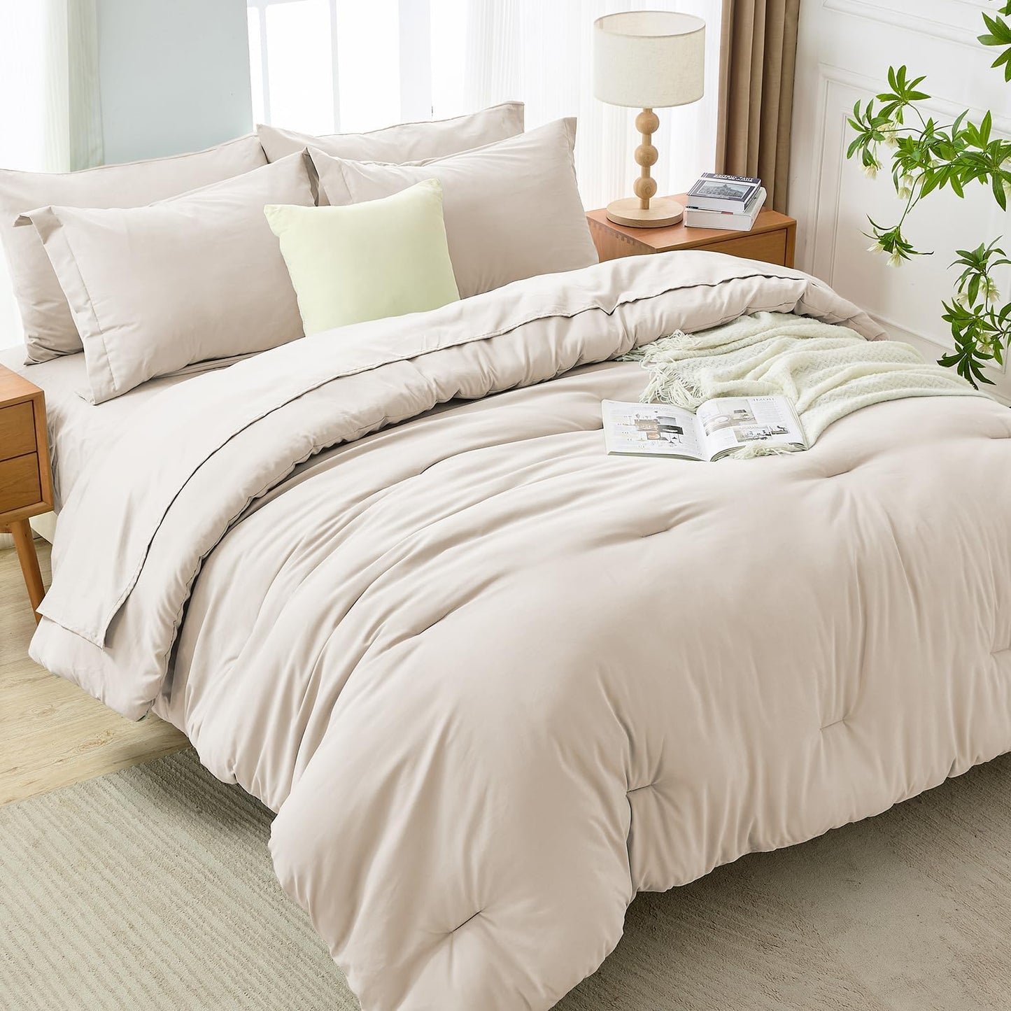 MUXHOMO 7 Pieces King Comforter Set, Soft Bed in a Bag King Size, All Season Bedding Set with Comforter, Flat Sheet, Fitted Sheet, Pillowcases & Shams, Beige