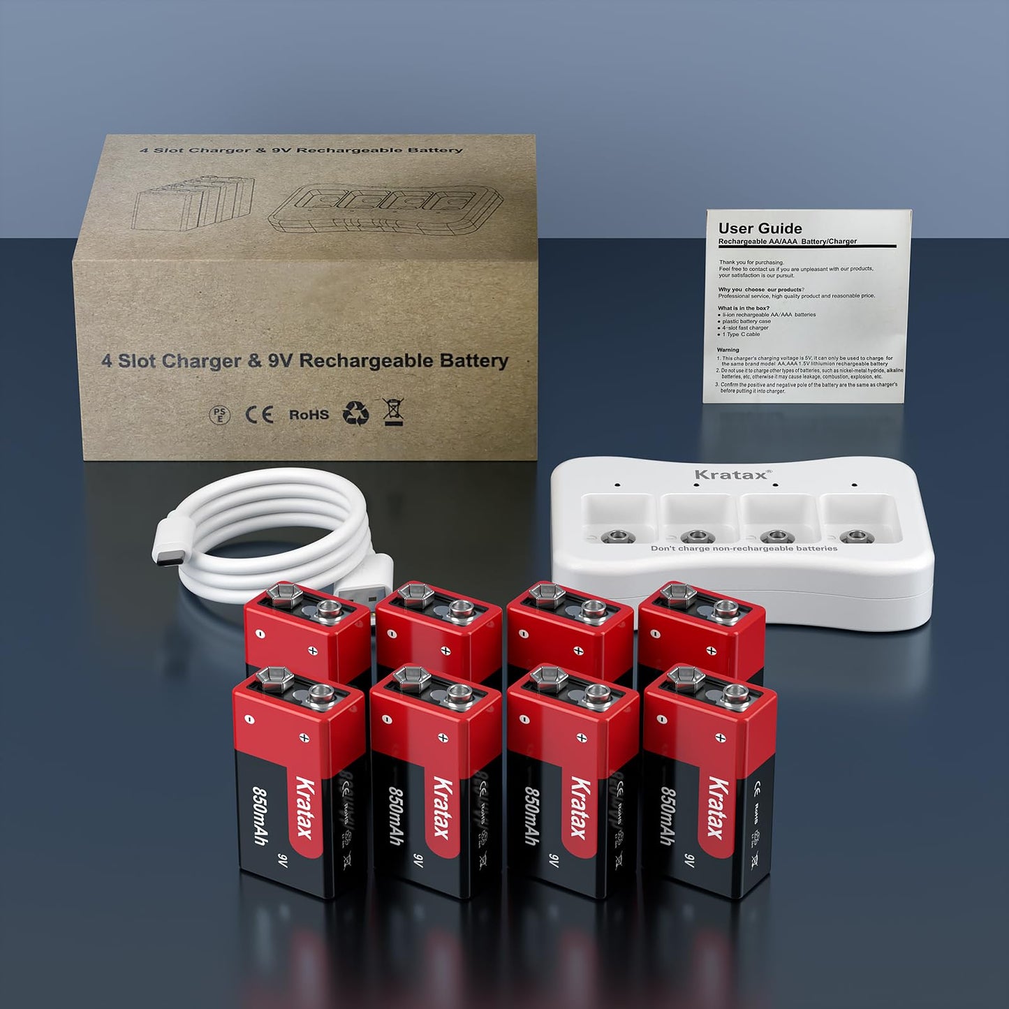 9v Rechargeable Batteries Kratax 8pack 850mAh High Capacity 9volt 6F22 Lithium Batteries with Fast Charger, 1000 Cycles Long-Lasting for Smoke Alarms, Guitar, Toy Remotes, Microphones, Multimeter