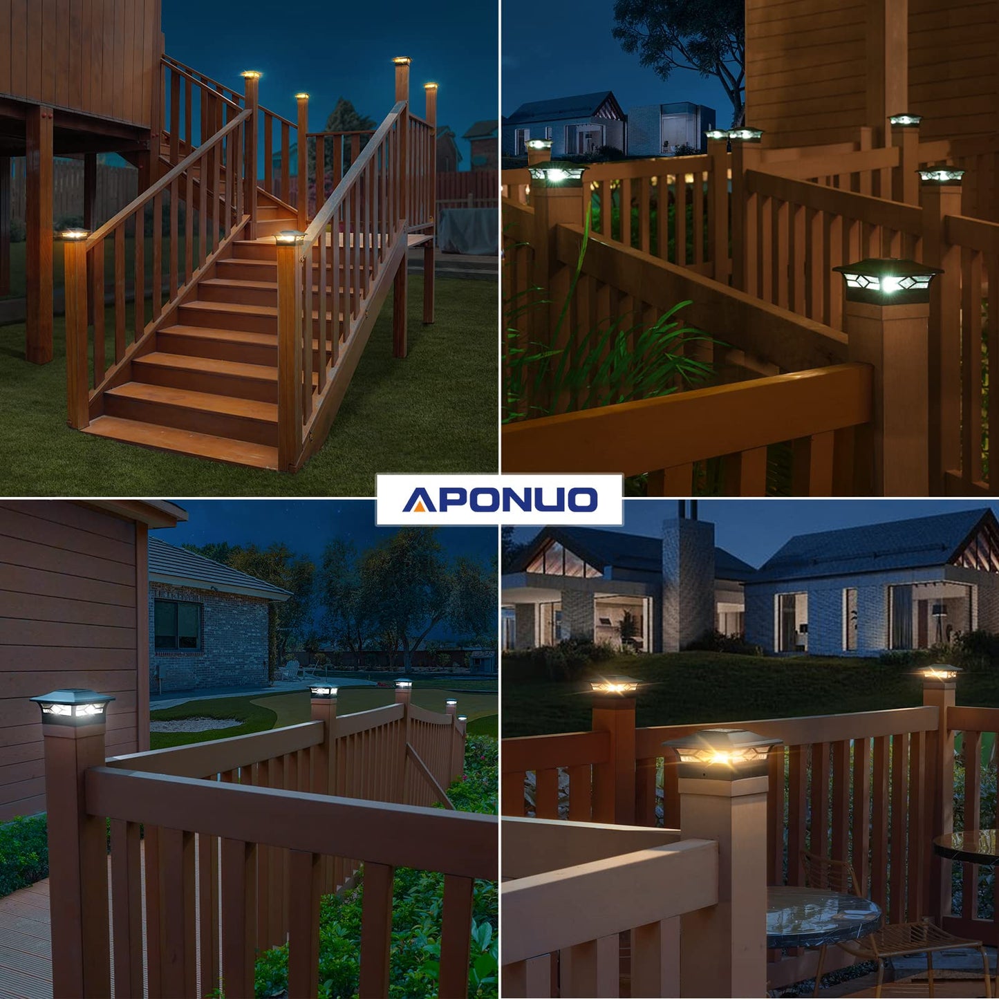 APONUO Solar Post Cap Lights Outdoor, Solar Post Lights 2 Lighting Modes Outdoor LED Light, Solar Fence Post Lights for Fence Deck Caps 4x4 6x6 Wood, 4x4 5x5 Vinyl, Black 6 Pack