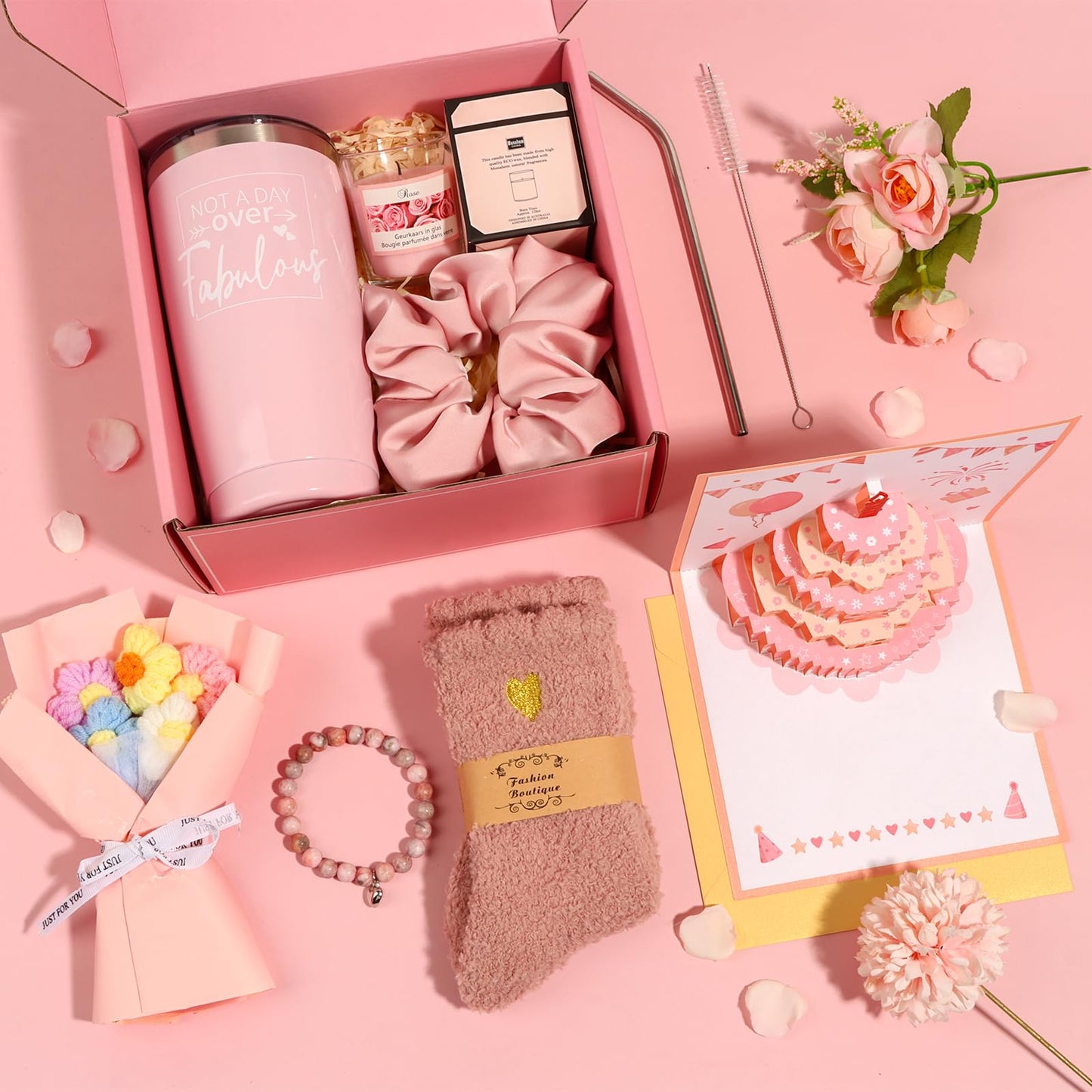 Birthday Gifts for Women Friendship, Pink Relaxing Spa Gifts Basket Set for Women, Self Care Gifts Unique Happy Birthday Gift Idea for Mom Her Best Friends Sister Wife Girlfriend Coworker Teacher (Pink)