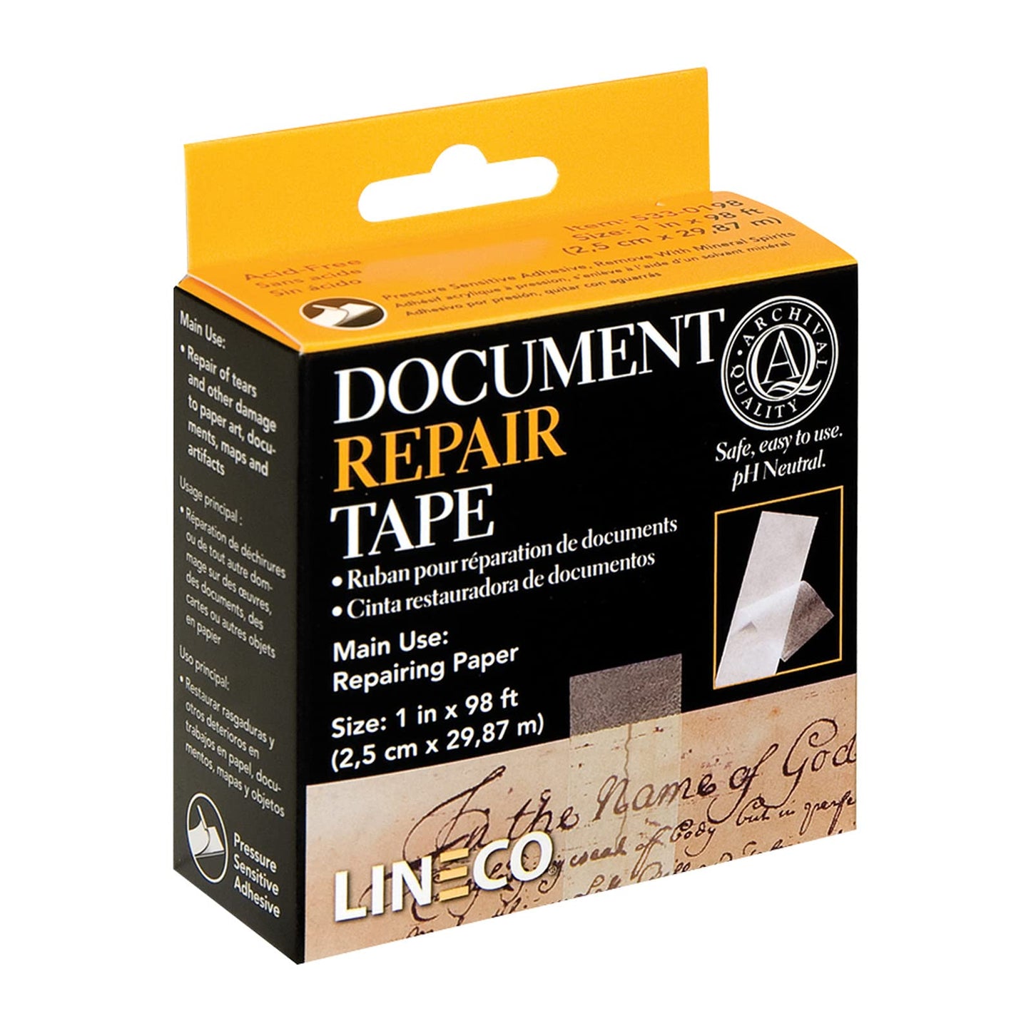 Lineco 1 Inch X 98 Feet. Archival Self Adhesive, Transparent Document Repair Tape with Neutral pH. Pressure Sensitive. Non-Yellowing and Removable with Solvents, Conversational, Framing, Craft, DIY.