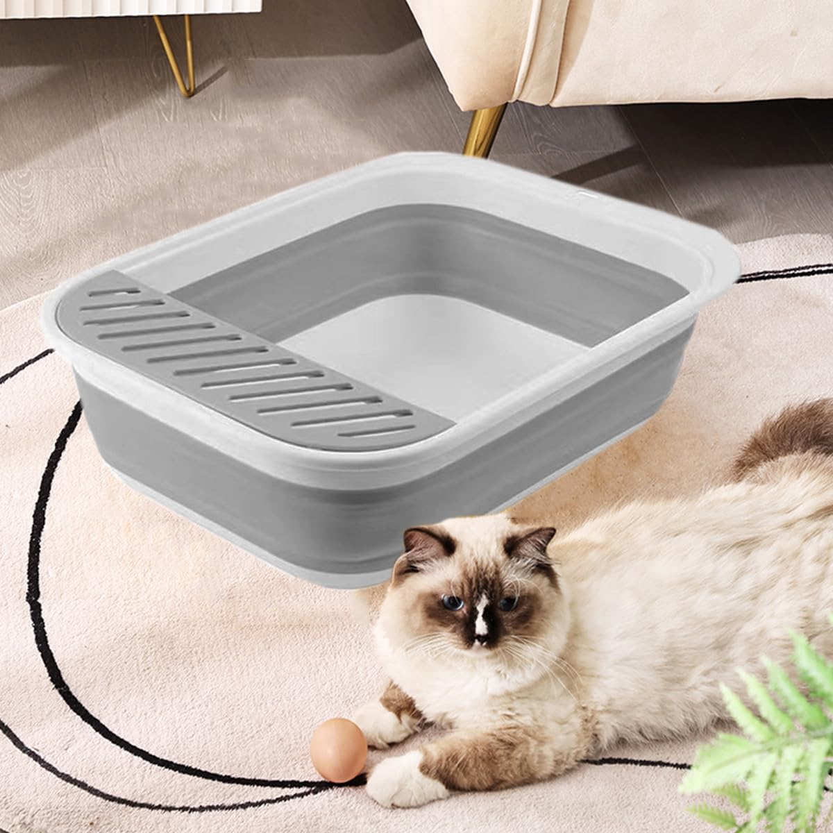 PMFRUG Open Cat Litter Box,Large Kitten Potty Pan Semi-Enclosed Foldable Travel Odorless Cat Toilet Low Entrance Standard Litterbox for Indoor Small Pet Kitty Rabbit Supplies Easy to Clean (Grey)