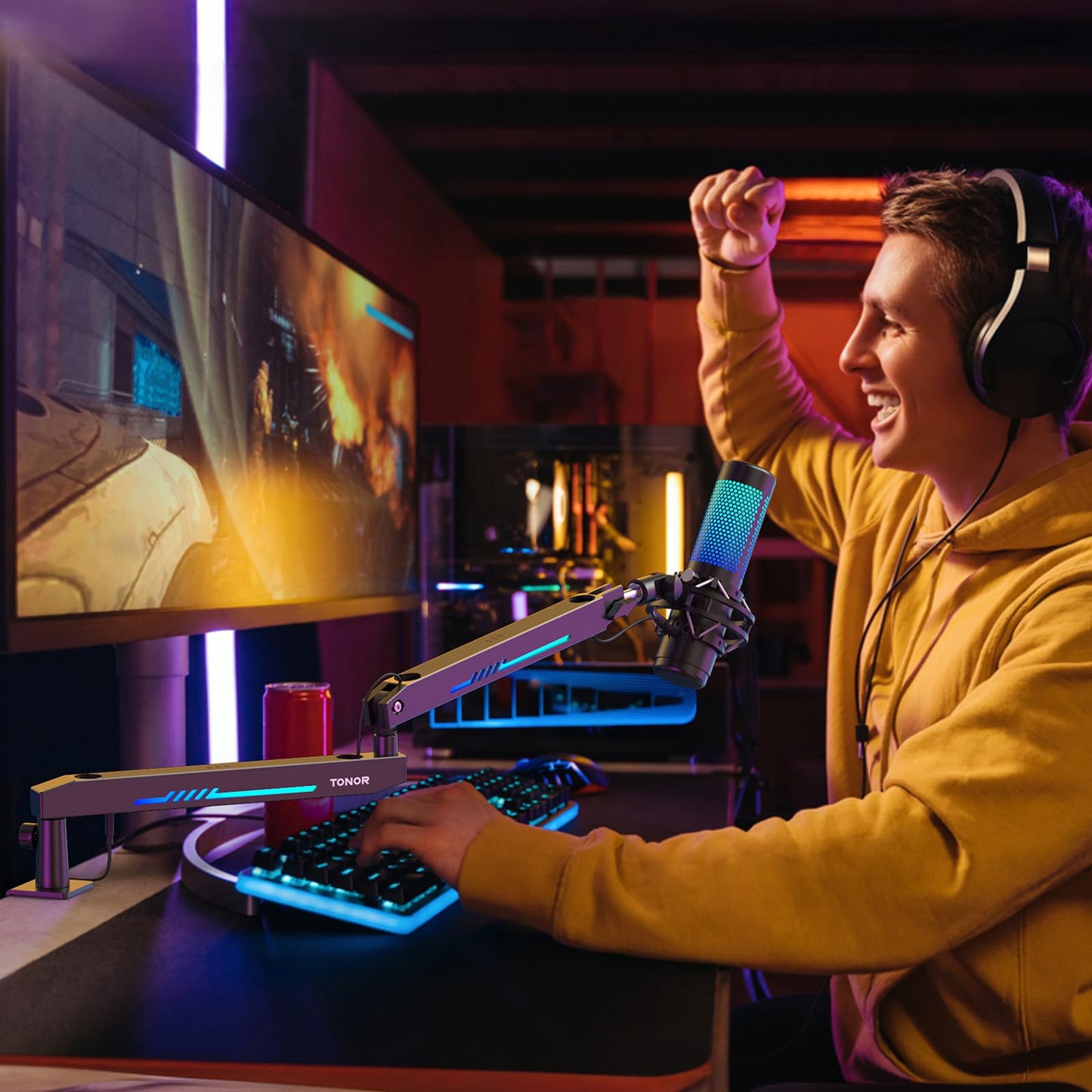 TONOR RGB Gaming Mic Arm, Low Profile Microphone Boom Arm with controllable RGB Light, Mic Stand with Cable Management, Compatible with Popular Microphones for Streaming, Studio, T90LP