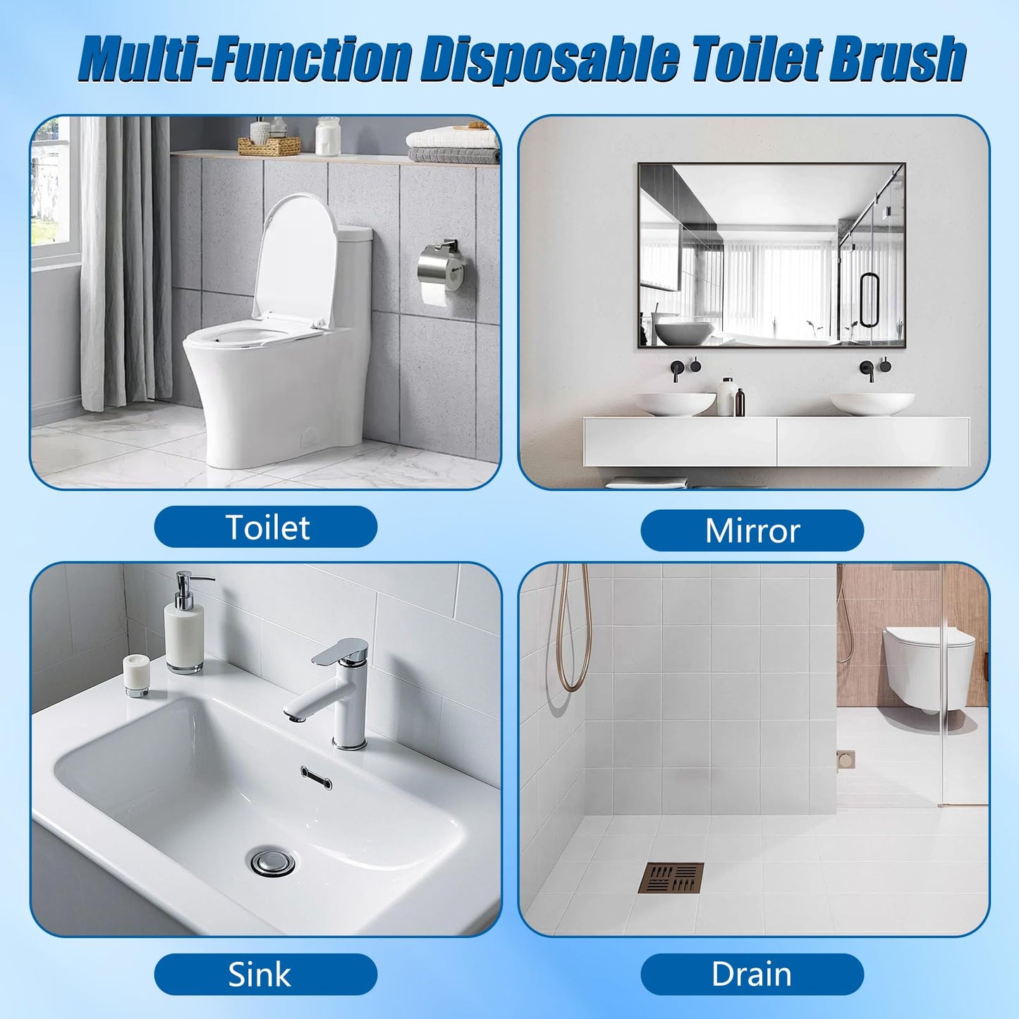 Disposable Toilet Brush with 2 Sets of Wands and 72 Toilet Brush Refills, Wall Mounted Toliet Stick Wand Starter Kit for Toilet Bowl Cleaners, Bathroom Cleaning, Bathtub