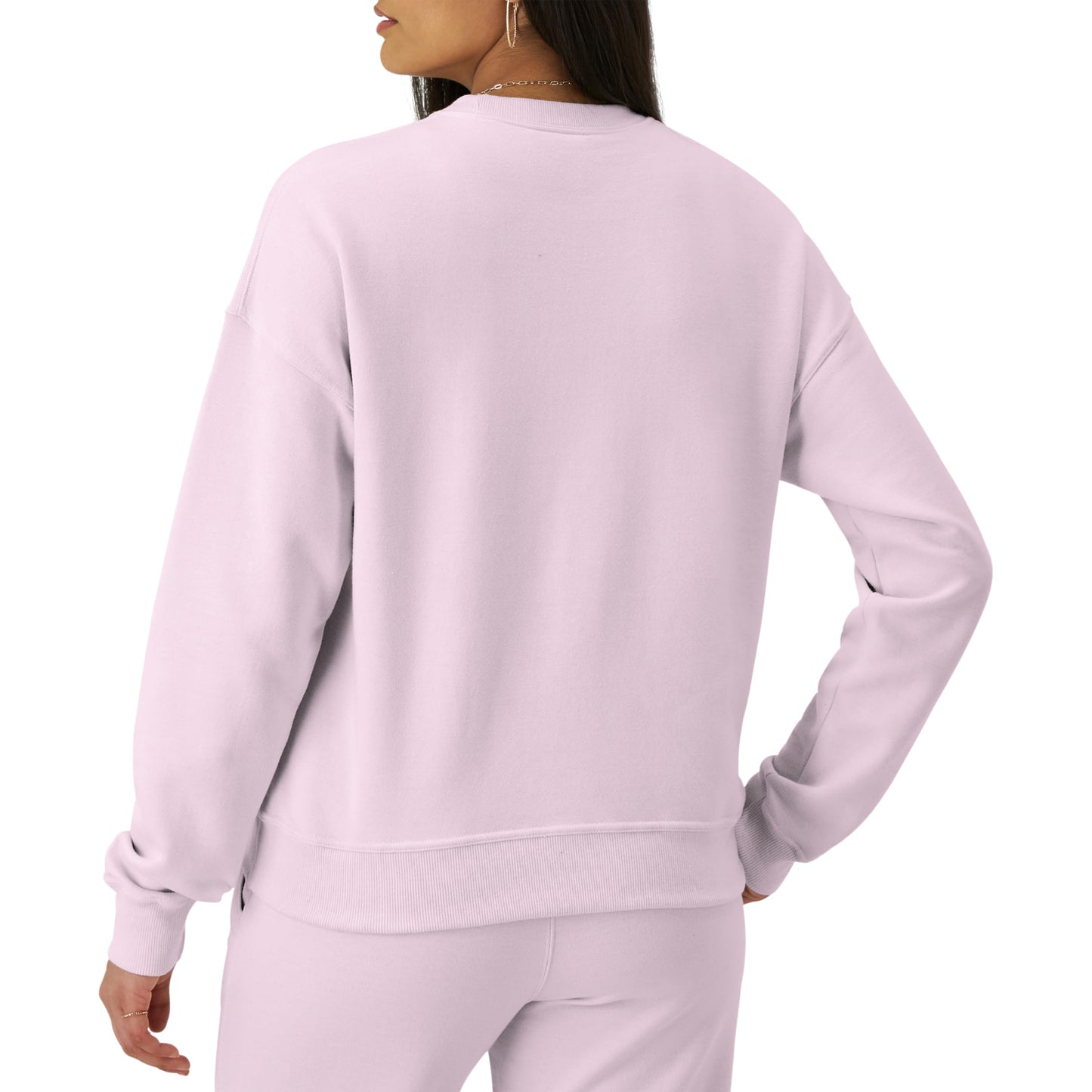 Champion, Powerblend, Fleece Crewneck, Warm Sweatshirt for Women (Plus, Chantilly Pink Script, X-Large
