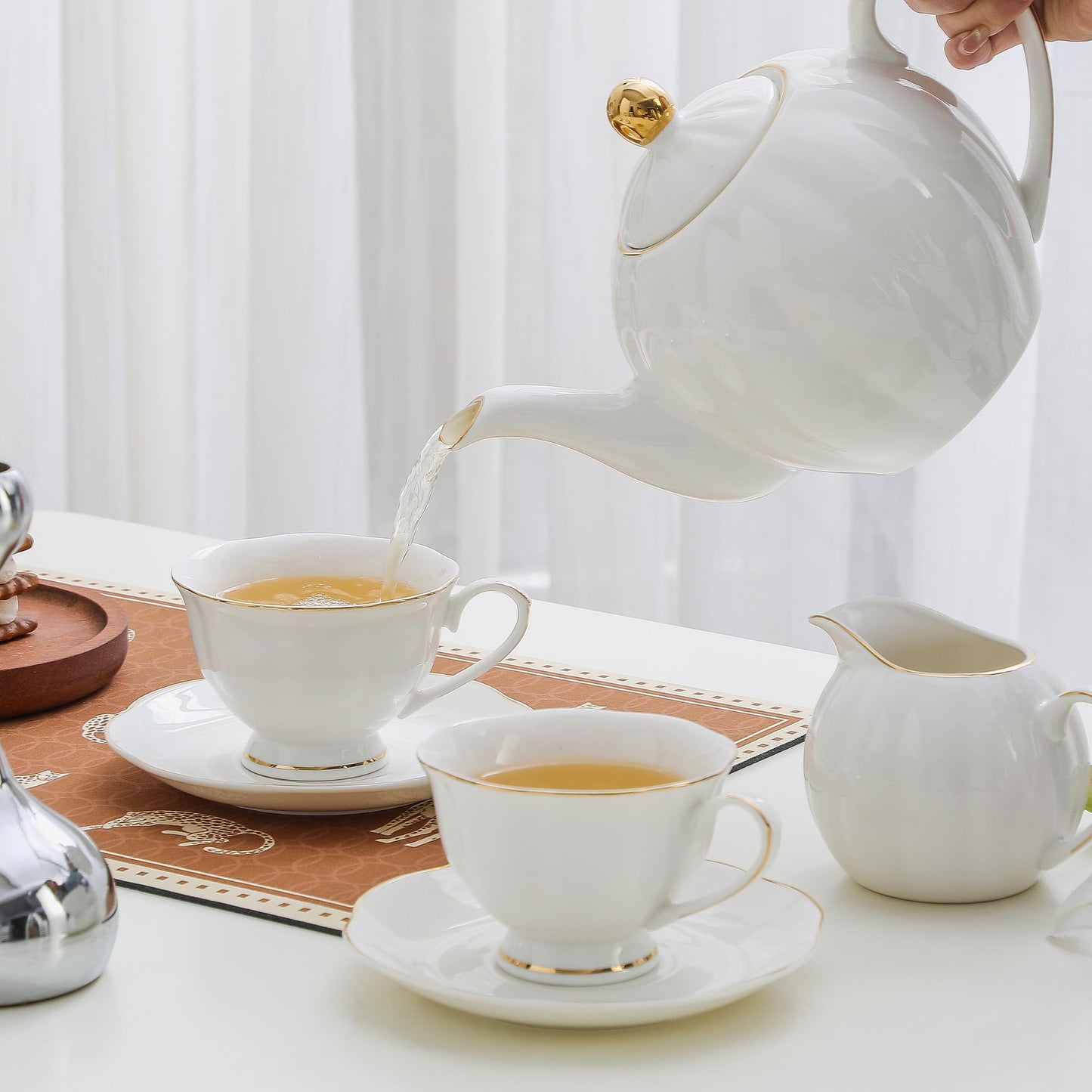 PRECITIME White Ceramic Tea Cup and Saucer Set of 8 (16-Piece) - 6oz Elegant Porcelain Cups with Gold Rim, 8 Cups & 8 Saucers for Tea Party