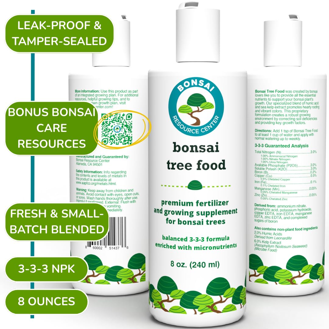 Bonsai Tree Food | Premium, Gentle Liquid Fertilizer for Healthy Growth, Strong Stems and Beautiful Blooms | 3-3-3 Balanced NPK Concentrate | 8 oz (240 ml)