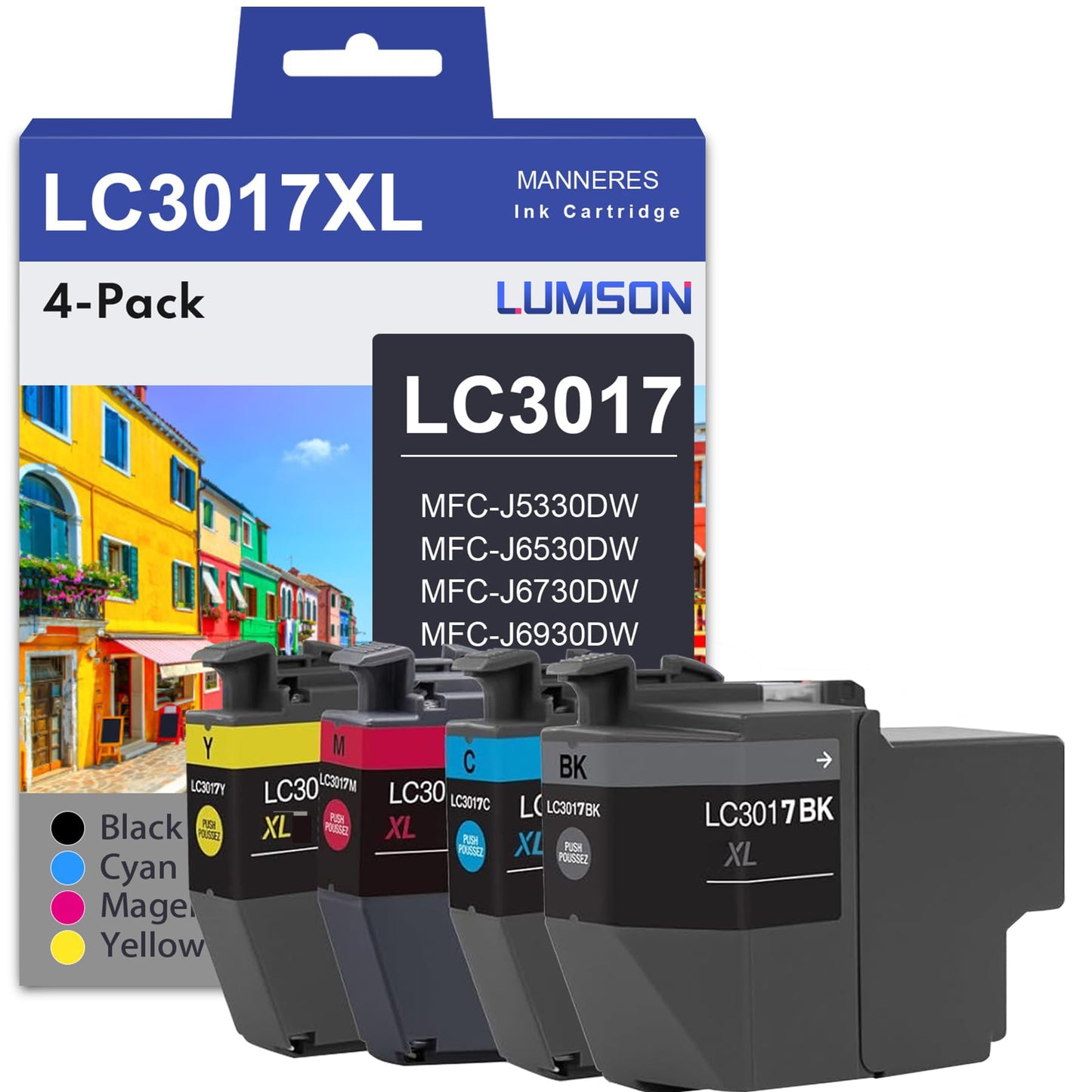 LC3017 XL Ink (BK/C/M/Y) High Yield Color Ink Cartridges 4-Pack (1 Each LC3017BK, LC3017C, LC3017M, LC3017Y) - LC3017 Ink Cartridge Replacement for Brother MFC-J5330DW MFC-J6530DW MFC-J6530DW Printer