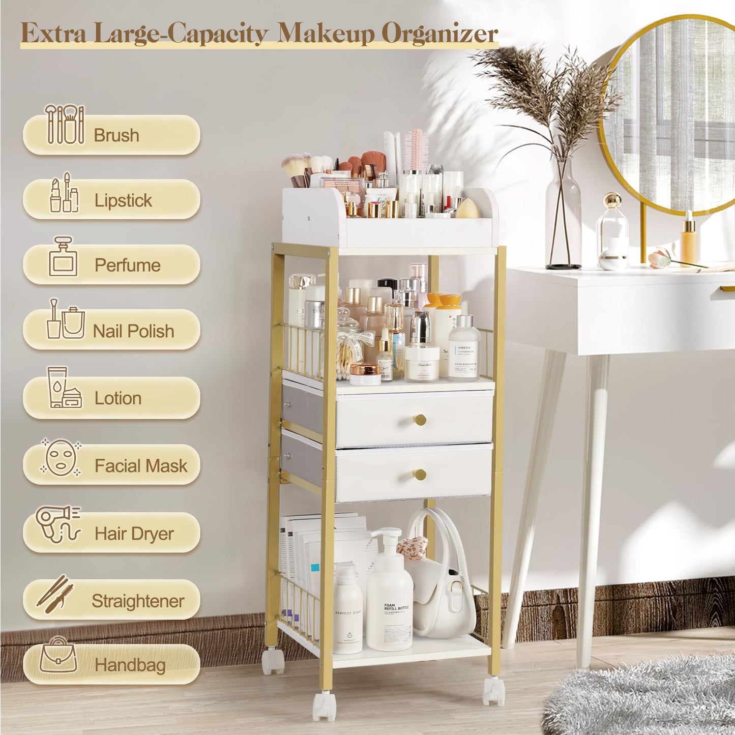 Makeup Organizer, Floor Skincare Organizers, Make Up Organizers and Storage with Drawers, Vanity Organizer Cosmetics Display Case Holder for Skin Care Nail Polish Perfume Makeup brush Hair Tool (Gold)