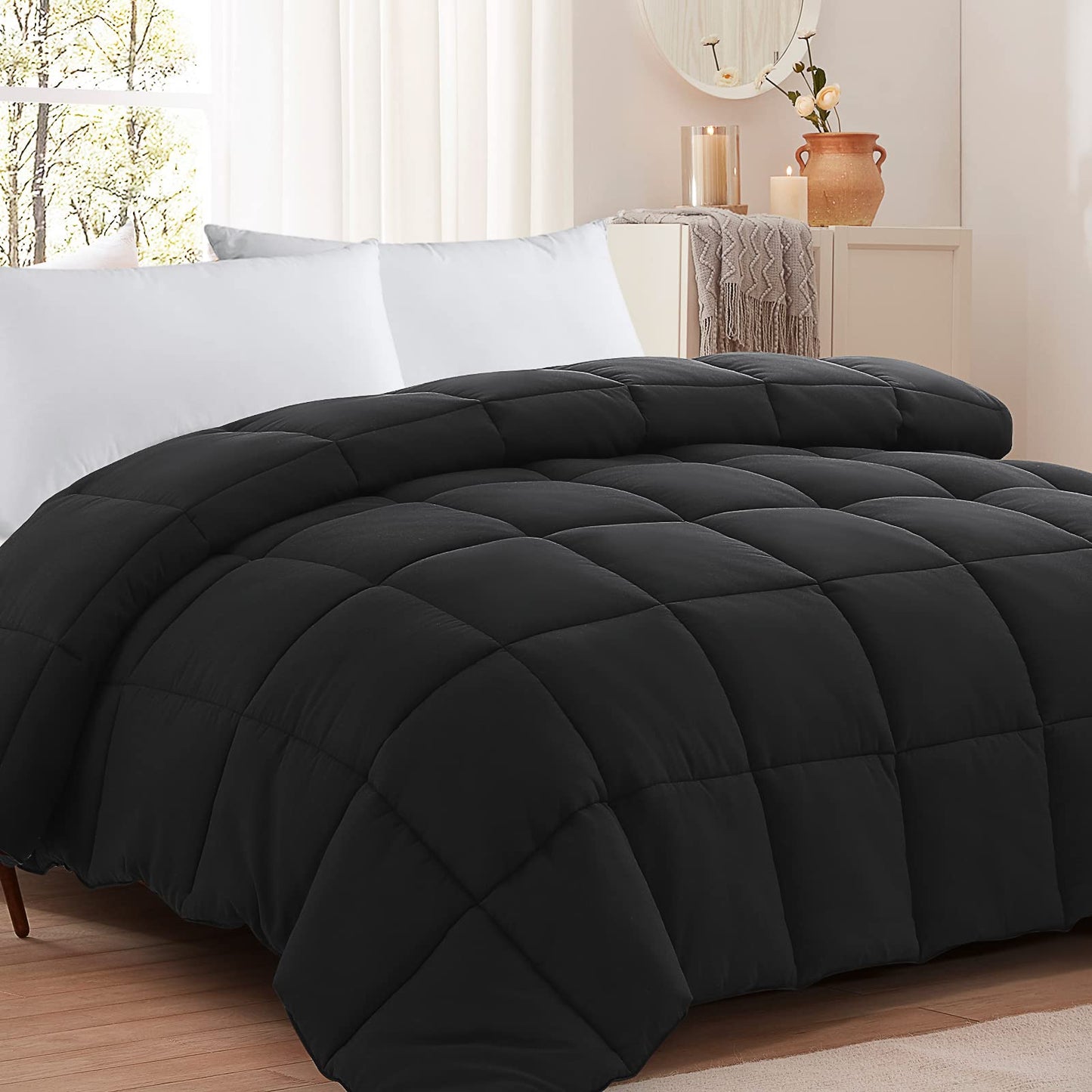 All Season Queen Size Comforter -Soft Quilted Down Alternative Breathable Duvet Insert with Corner Tabs - Premium 2100 Series -Reversible Fluffy Quilts Hotel Collection (88 by 88 inches,Black)
