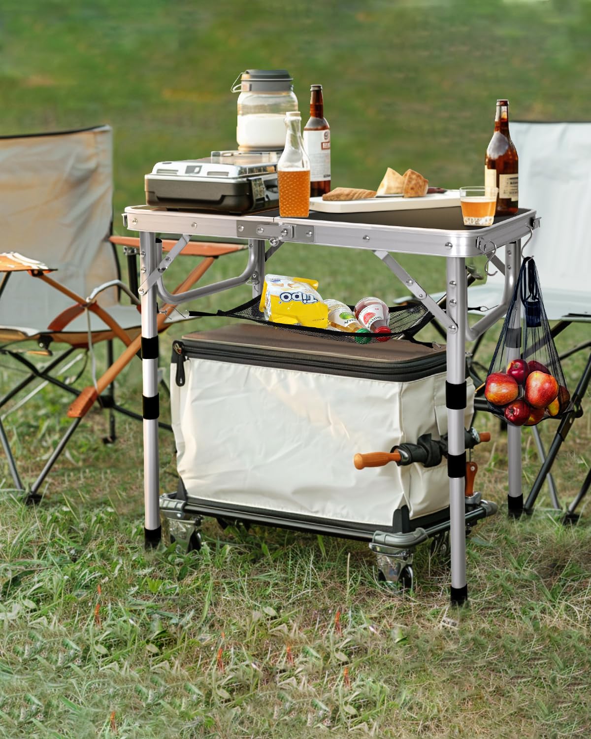 Sportneer Small Folding Table 2ft, 4 Adjustable Height Folding Camping Table with Mesh Layer Lightweight Portable Folding Camping Tables Aluminum Camping Table Outdoor Table for Picnic Beach BBQ